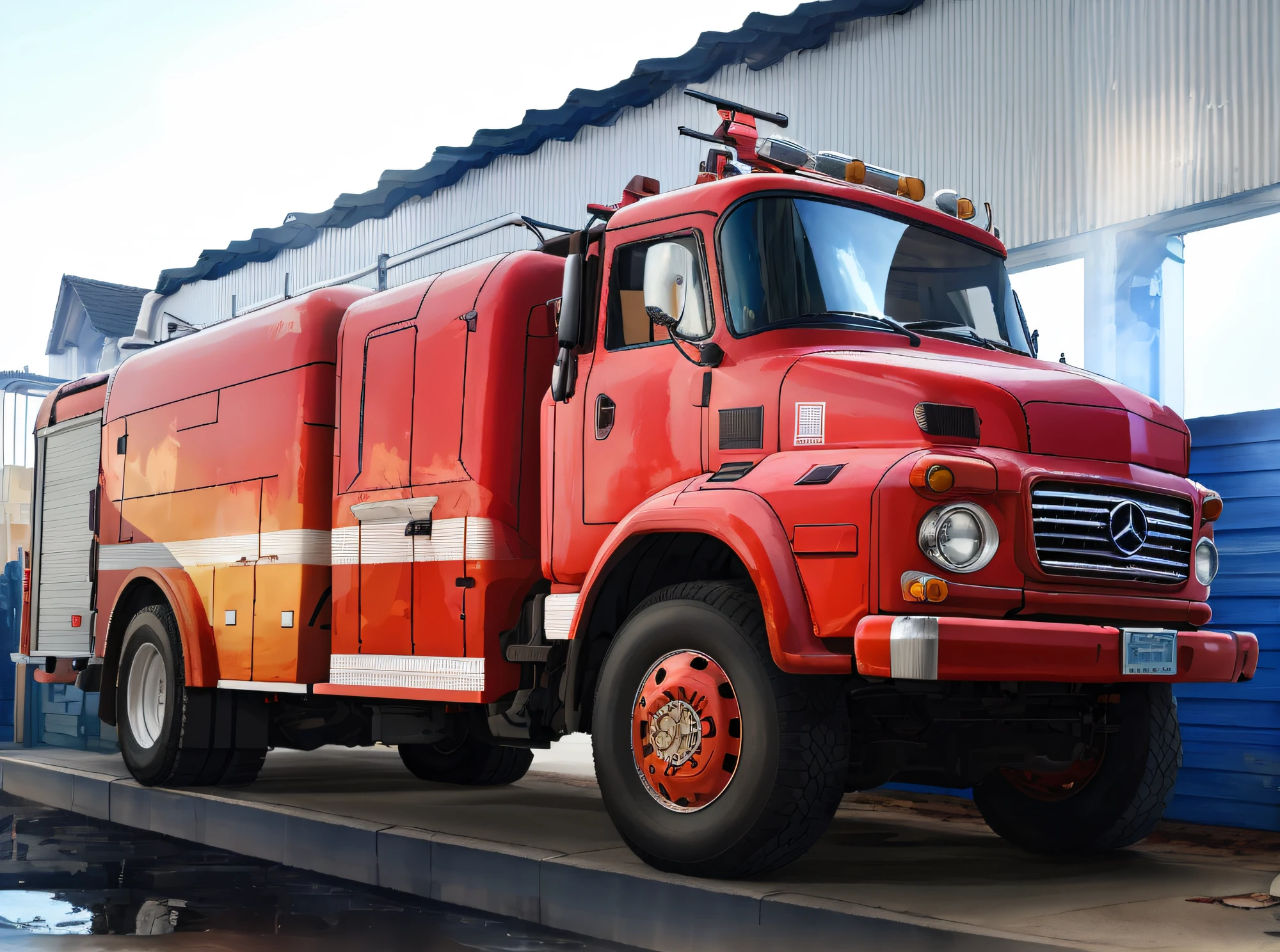 There's a red fire truck, fire truck, headpe, Restaurado, Mercedes, Completo - Vista, Vista frontal e lateral, vista frontal lateral, tiro largo detalhado, Detalhes completos, acrylic, Vindima - W 1 0 2 4, pano de fundo, Jantar completo filmado, espuma, Diy, visto de lado, water color, fundo branco