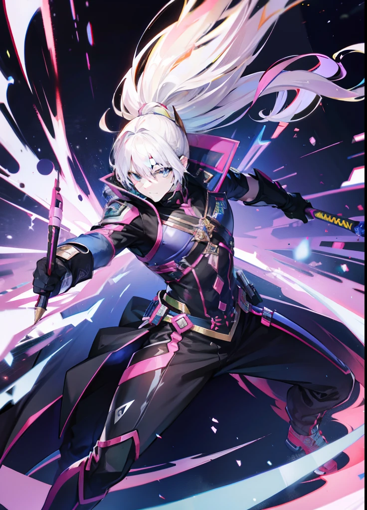 Colorful male powerhouse with pen as weapon