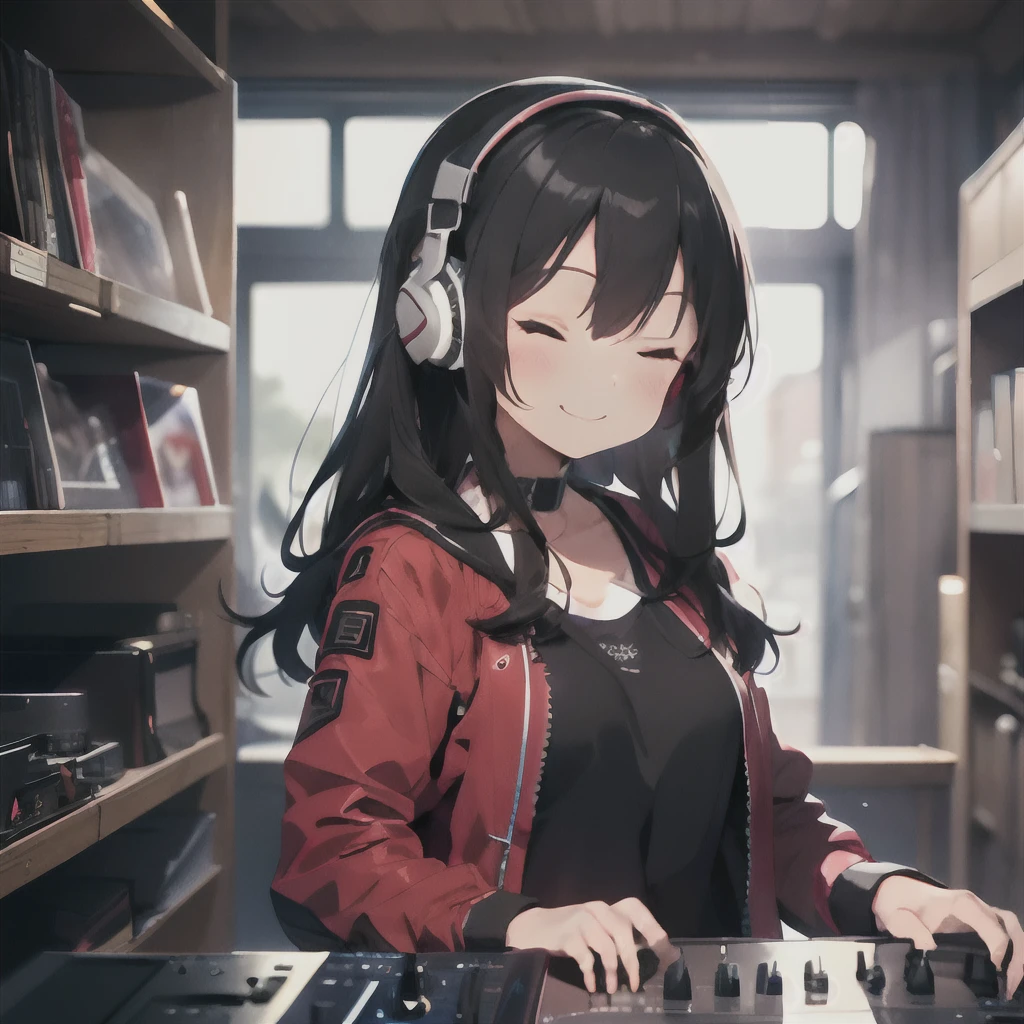 (1 girl、A dark-haired、straight haired、hair adornments、eye closed、A smile、small tits、cute  face)、Red jacket、Black pants、full body Esbian、camera view、Turntables on both sides of the mixer console、​masterpiece、top-quality、nffsw、Wearing headphones on your neck