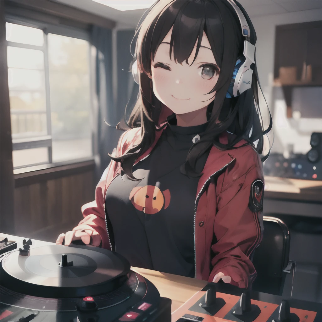 (1 girl、A dark-haired、straight haired、hair adornments、eye closed、A smile、small tits、cute face)、Red jacket、Black pants、full body Esbian、camera view、Turntables on both sides of the mixer console、masterpiece、top-quality、nffsw、Wearing headphones on your neck