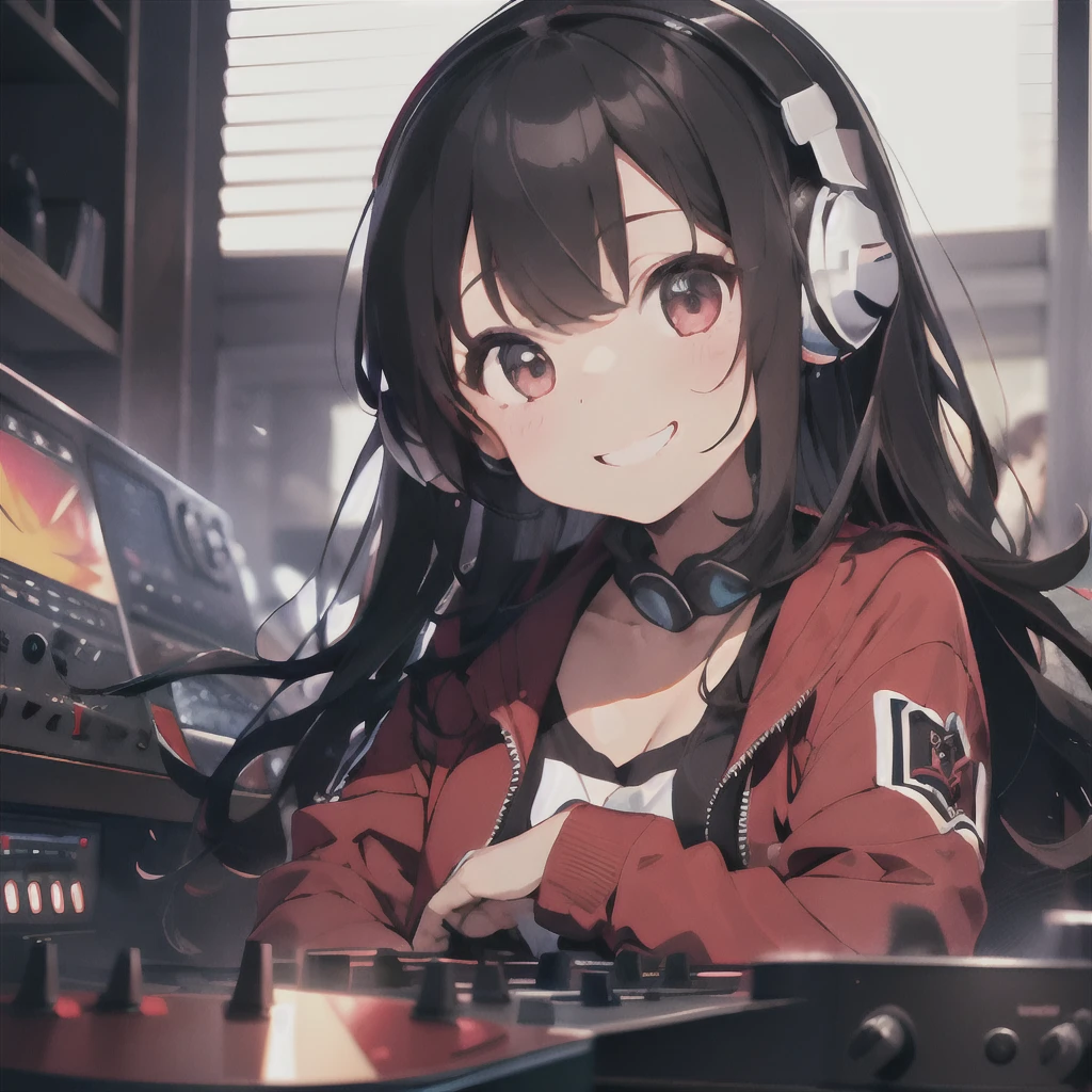 (1 girl、A dark-haired、straight haired、hair adornments、ssmile、A smile、small tits、cute face)、Red jacket、Black pants、full body Esbian、camera view、Turntables on both sides of the mixer console、masterpiece、top-quality、nffsw、Wearing headphones on your neck