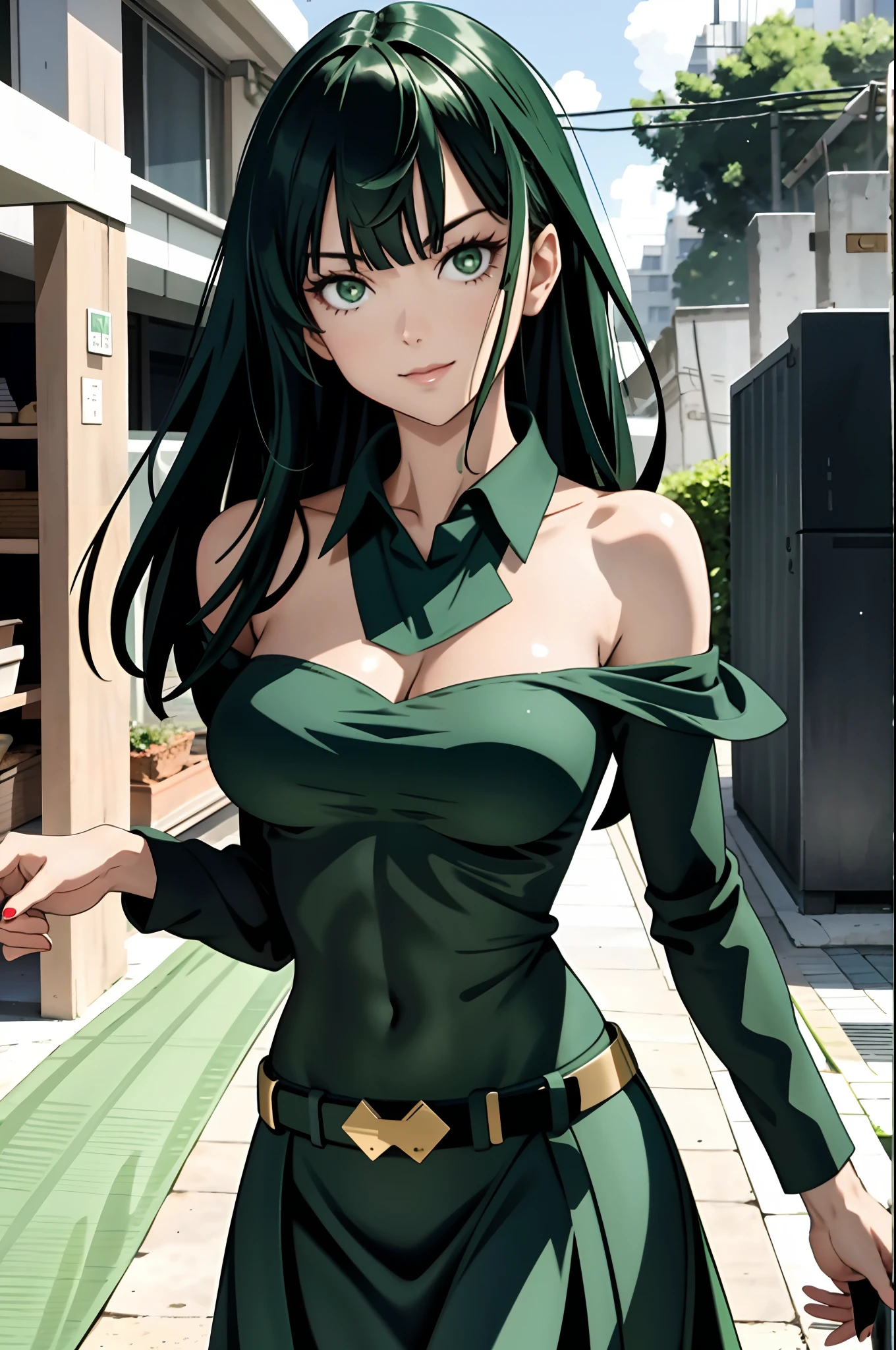 "one-girl，masterpiece level work，Best Picture Quality，Facing the camera，ssmile，green skirt，Raised sexy，look straight at the camera，long whitr hair，perfect bodies，beachside，Green hair，Off-the-shoulder attire。Large breasts