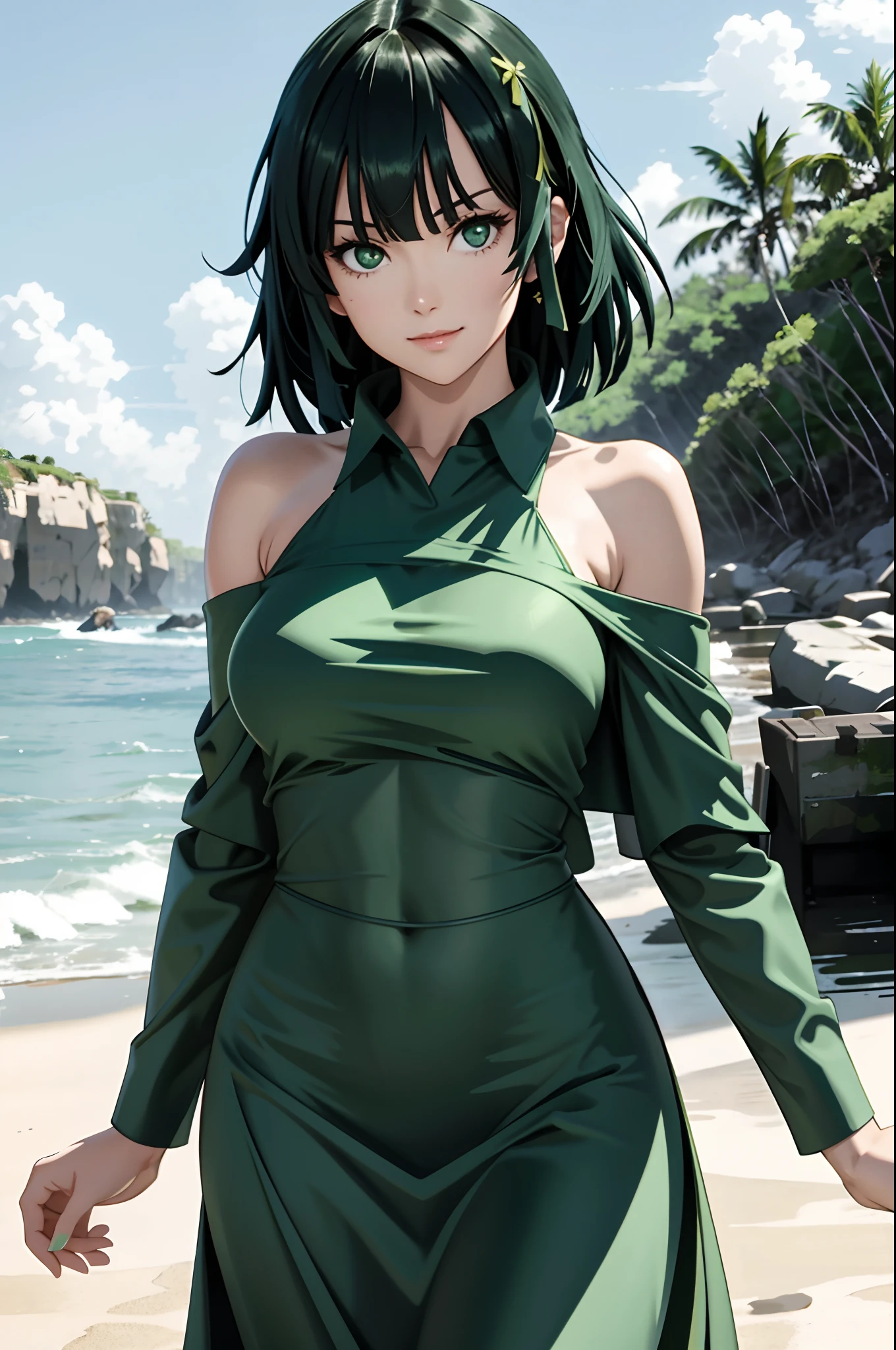 "one-girl，masterpiece level work，Best Picture Quality，Facing the camera，ssmile，green skirt，Raised sexy，look straight at the camera，long whitr hair，perfect bodies，beachside，Green hair，Off-the-shoulder attire。Large breasts