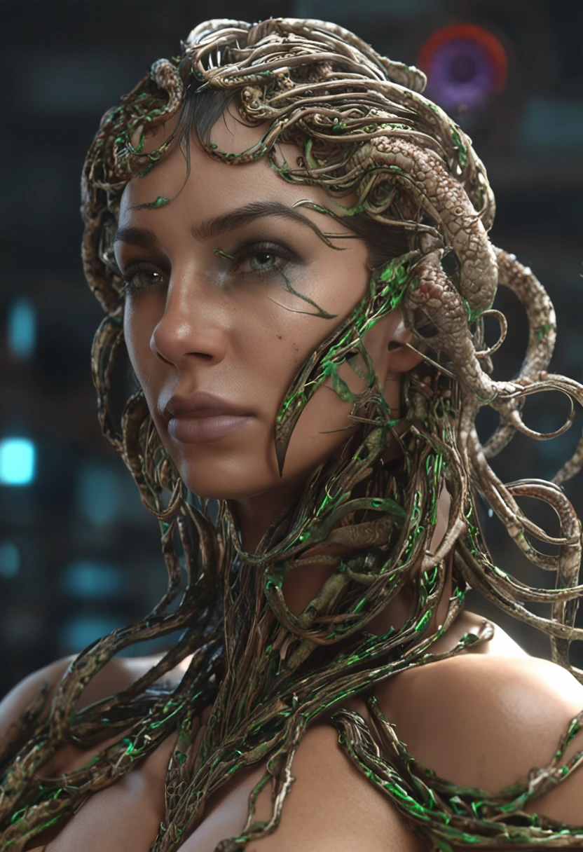 ((mejor calidad)), ((obra maestra)), ((realista)), Medusa, cuerpo completo, The hair is made up of countless small snakes, ojos verdes, cara femenina, parte superior tallada en metal, aura real, tendencia en artstation, foco nítido, foto de estudio, detalle intrincado, muy detallado, ojo detallado, 插圖, muy detallada, foco nítido, renderizado digital, profesional, 4k
