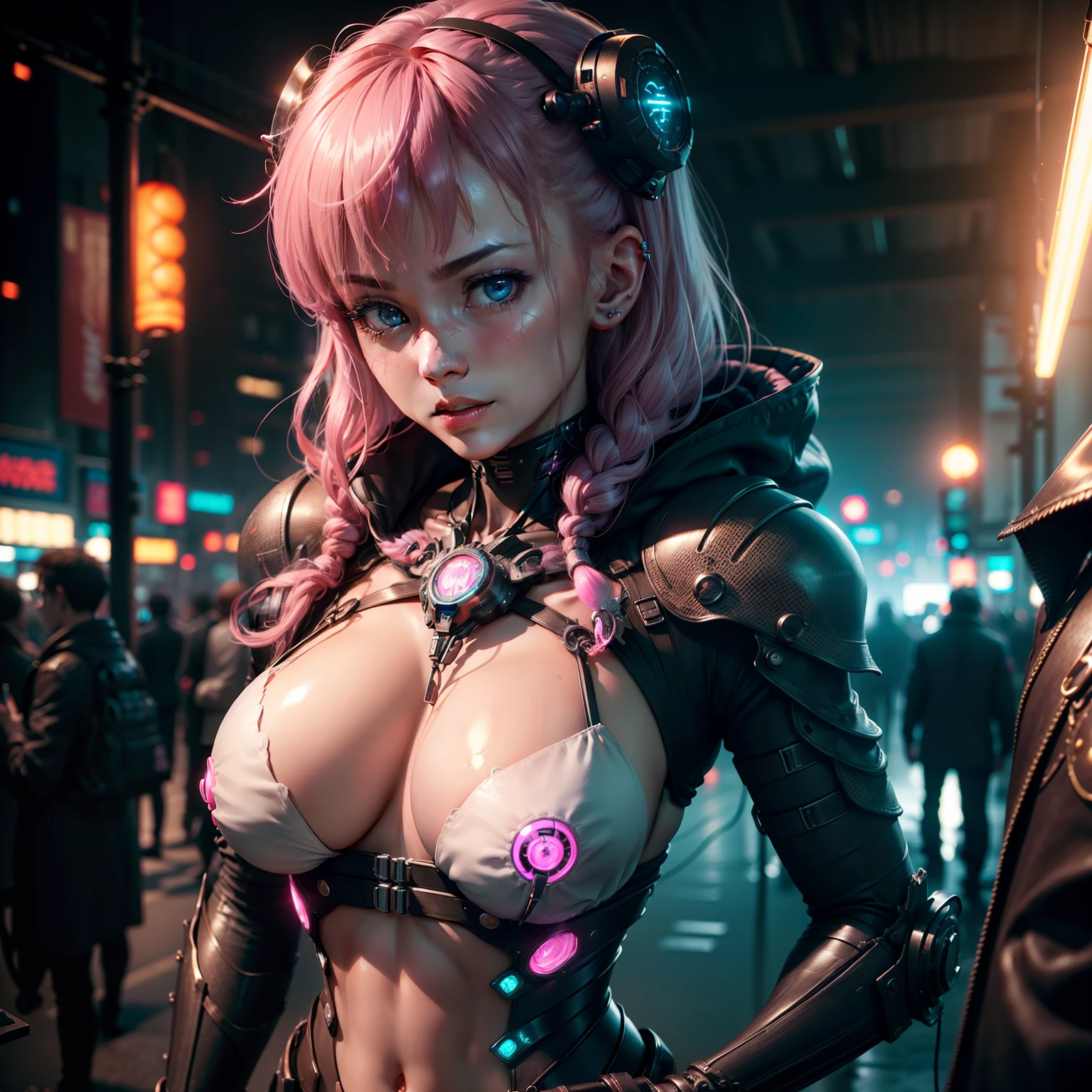 beste-Qualit、masterpiece、Super-High Resolution、(photorealisitc:1.4)、Raw photo、1人、pink hair、glowy skin、Sexy Cyberpunk Girl、((Ultra Realistic Detail))、portait、Global Illumination、Shadow、octan render、in 8K、ultrasharp、hugetits、 big boobs、((perfect chest:1.4))、((Very soft breasts))、hyperdetailed face、Raw skin is exposed in cleavage、Details of complex ornaments、Gothloli details、Glass Parts、Glass Tube、Glass cover、Fiberglass、Luminous tube、Nixie Kan、vacuum tubes、Analog Meter、highly intricate detail、Realistic light、CGSoation Trends、blue-eyed、radiant eyes、Facing the camera、neon details、Mechanical limbs、blood vessels connected to tubes、Mechanical vertebrae attached to the back、mechanical cervical attaching to neck、 walking、Wires and cables connecting to the head、Small LED lamp、Cyberpunk city、