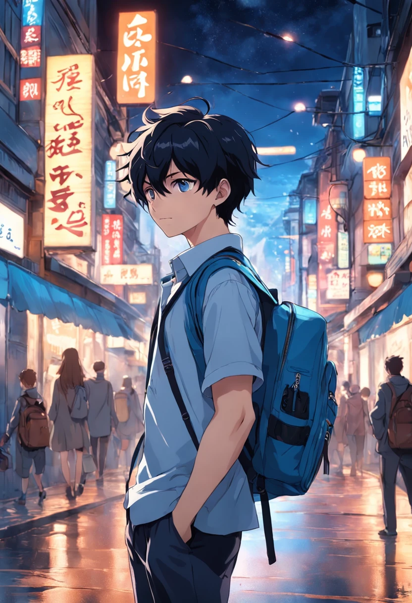 Handsome 18-year-old in a bustling city,Carrying a blue school bag,Take pictures with a camera in hand,It gives a sense of freshness,The feeling of sunshine