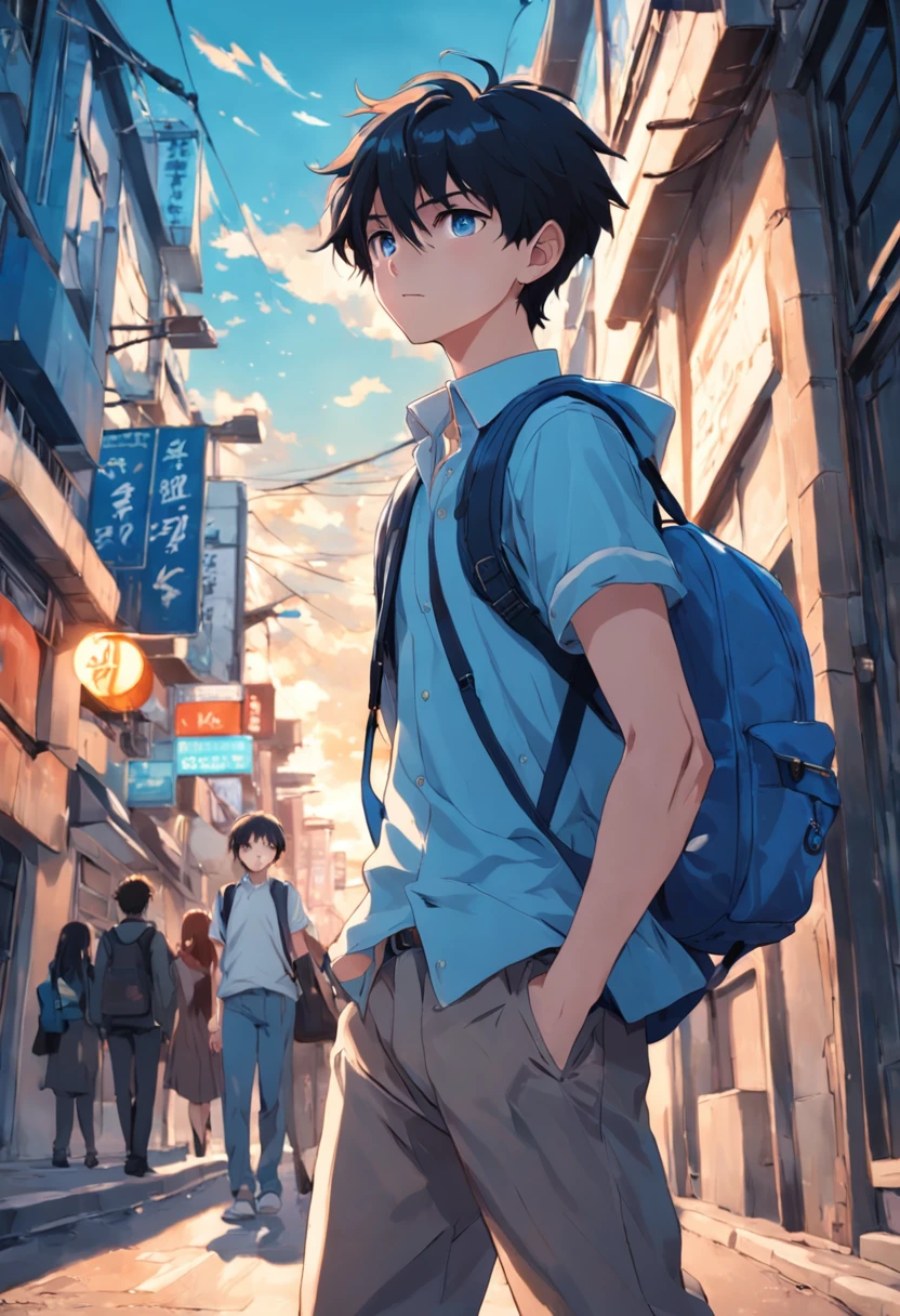 Anime boy walking down a street with a backpack on his back SeaArt AI