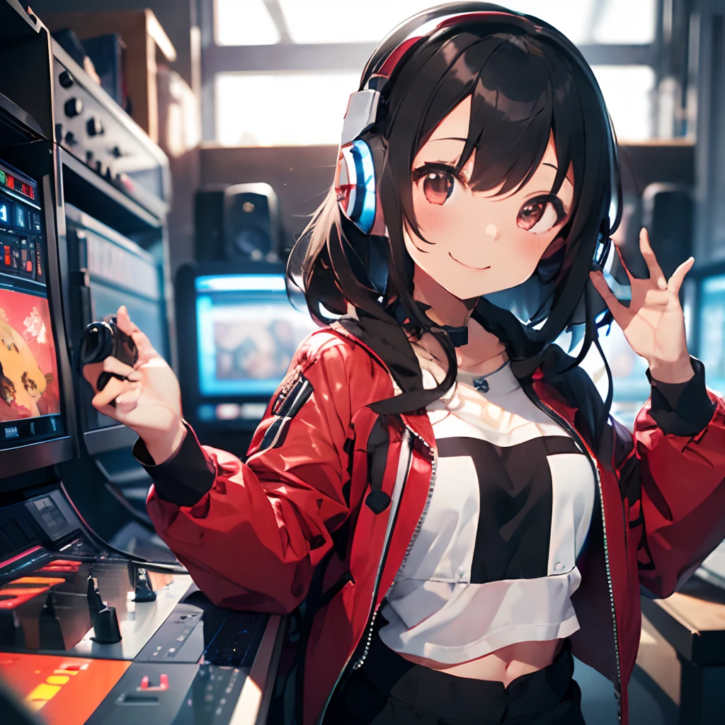 (1 girl、A dark-haired、straight haired、hair adornments、ssmile、A smile、small tits、cute  face)、Red jacket、Black pants、full body Esbian、camera view、Turntables on both sides of the mixer console、​masterpiece、top-quality、nffsw、Wearing headphones on your neck