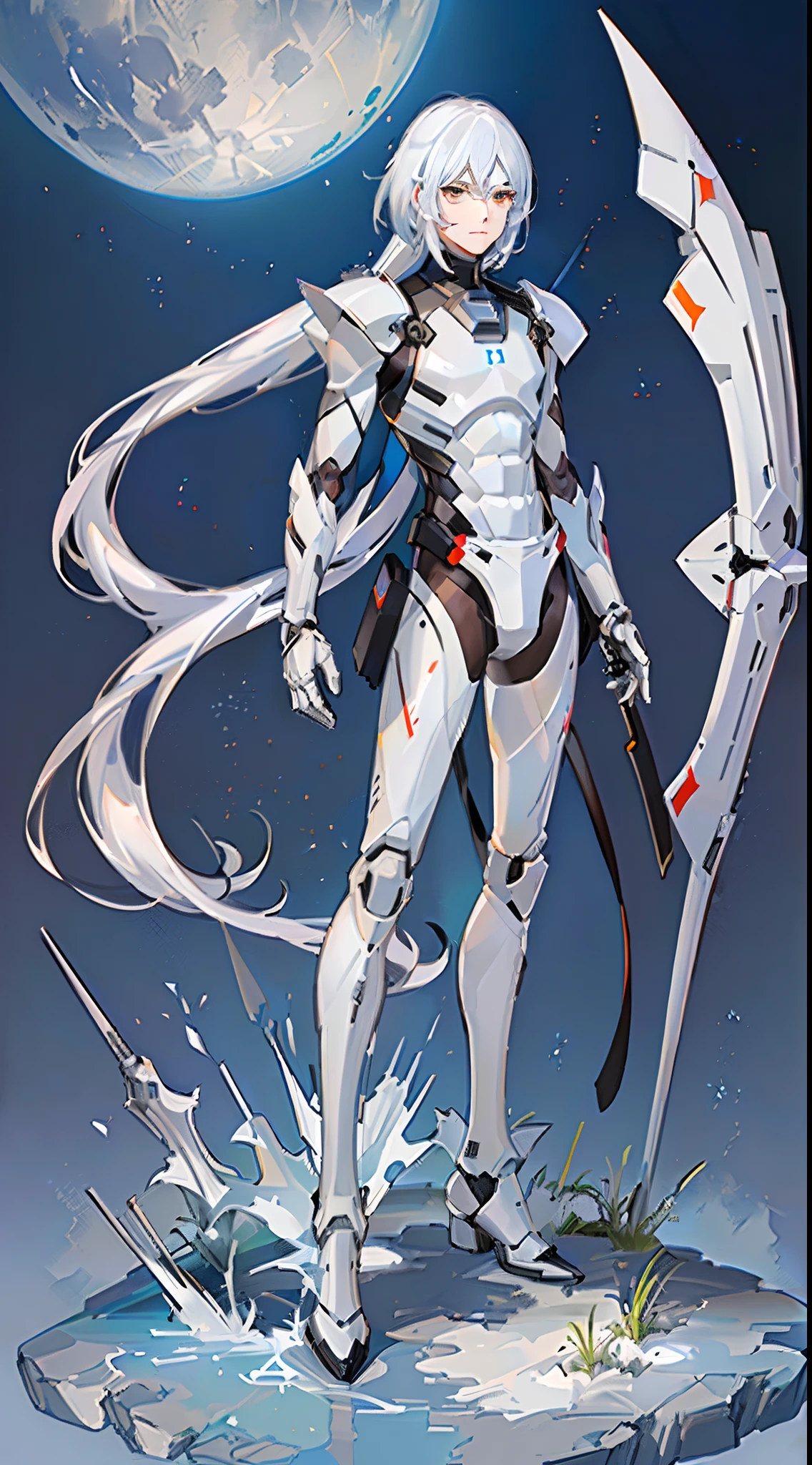 character design,One dressed in white,red peach, glossy white armor, streamlined white armor, sleek white armor, clothing design, clear outfit design, full body concept, sleek streamlined white armor, detailed white armor, full body adoptable, new costume concept design, sleek bright white armor, modern clean white armor, matt white color armor,1 boy,Male,Young man,The right leg is a mechanical prosthesis,droid,white colored eyelashes,White eyes,White color hair