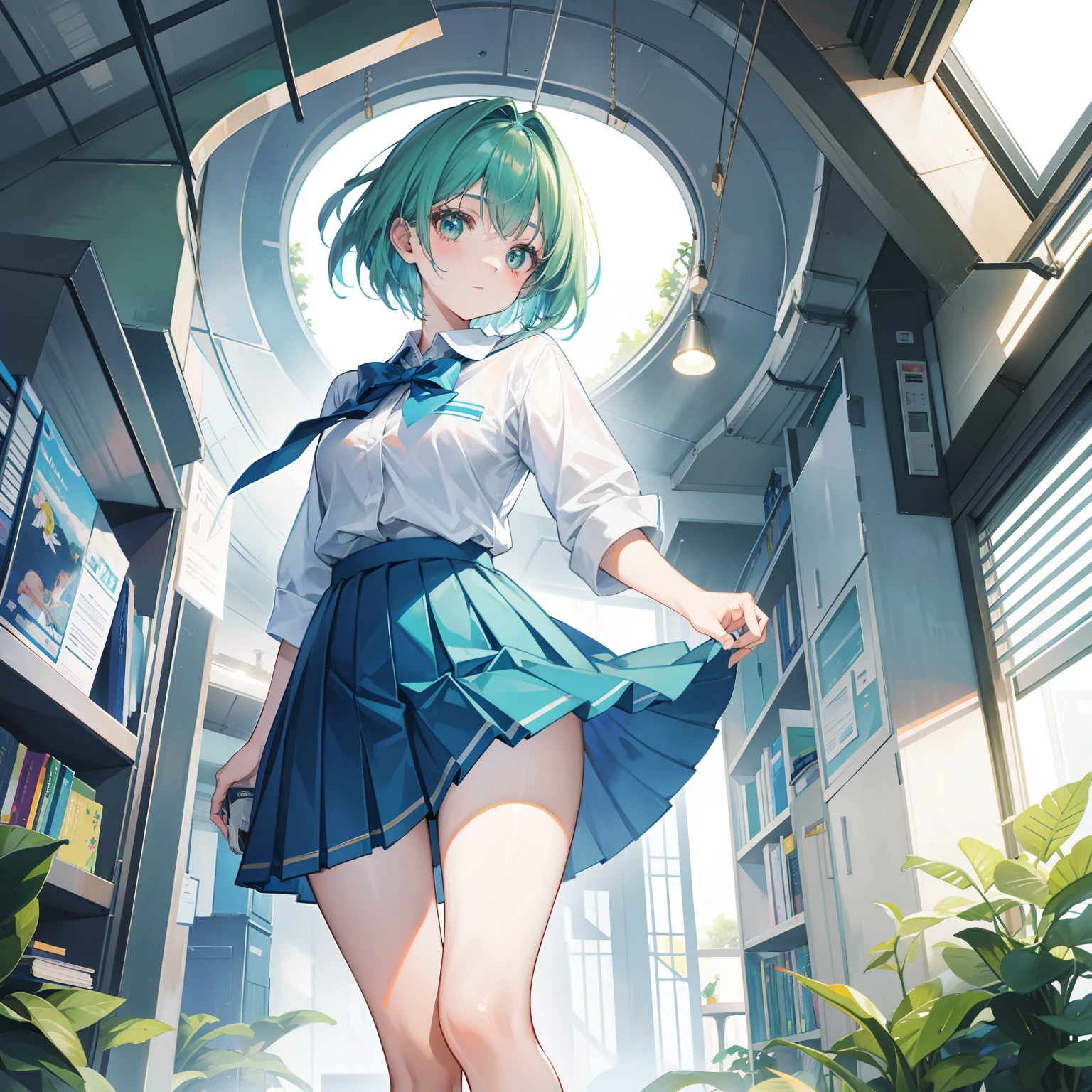 Short blue-green hair,The face is larger but shiny,Oversized student dress apricot pleated skirt,Moe