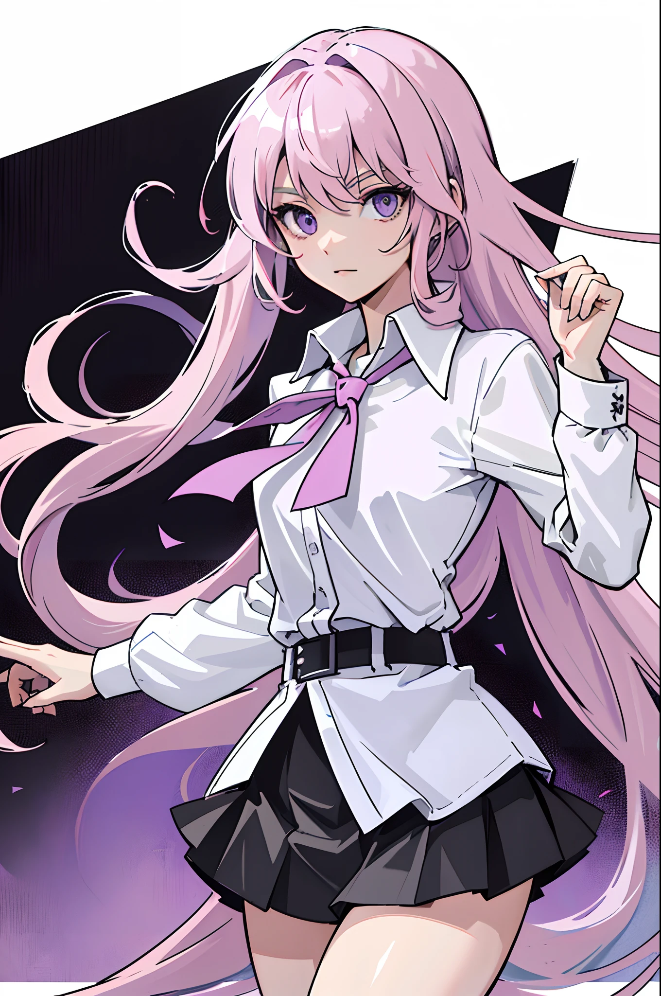 ((Masterpiece, Best quality)), (1girll), (Solo), (female focus), ( Light pink hair, Extra-long hair), Light purple eyes, ((White shirt), (Buttoned shirt)), ((Black skirt), (Short skirt)), standing, White background, arms back behind
