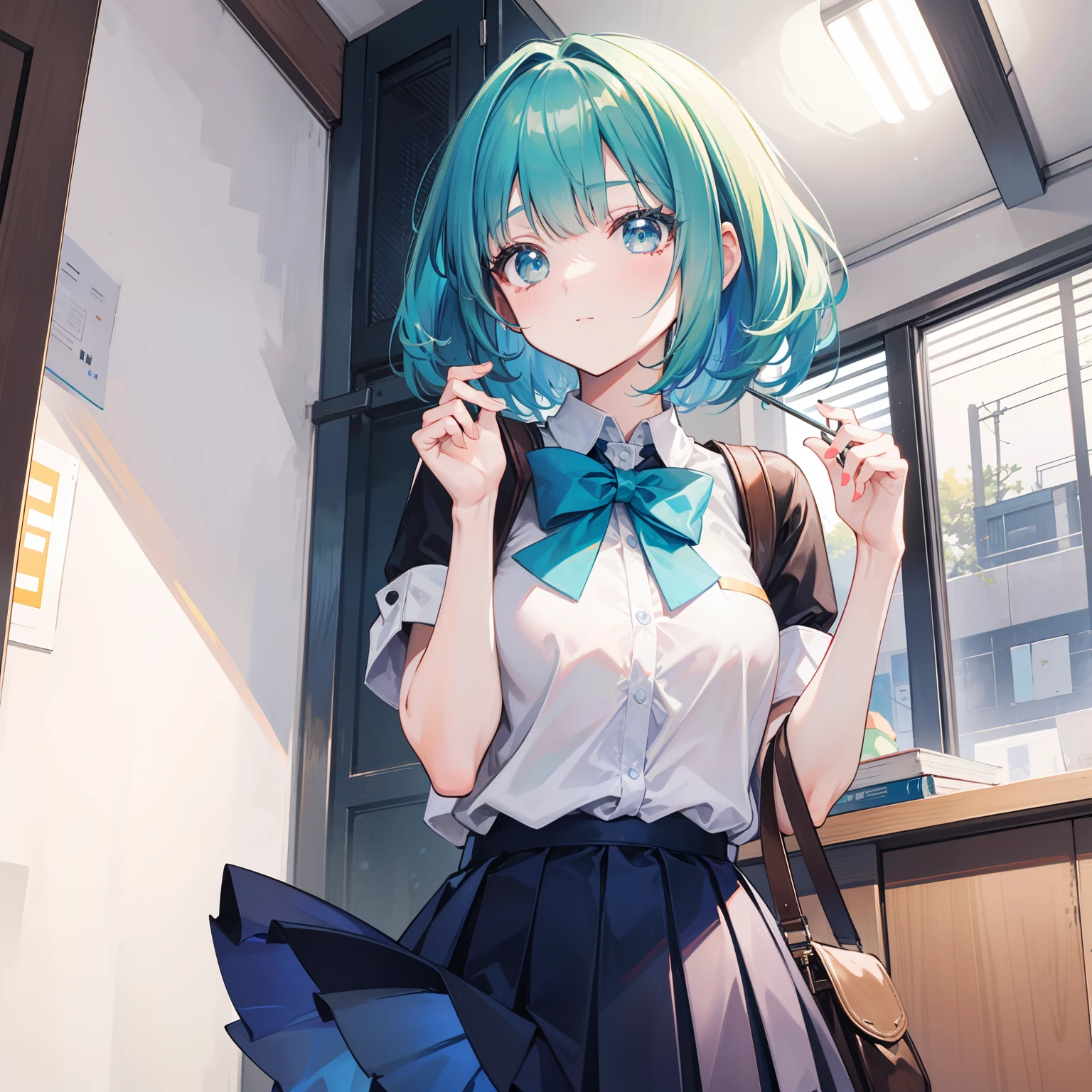 Short blue-green hair，The face is larger but shiny，Oversized student dress apricot pleated skirt，Moe