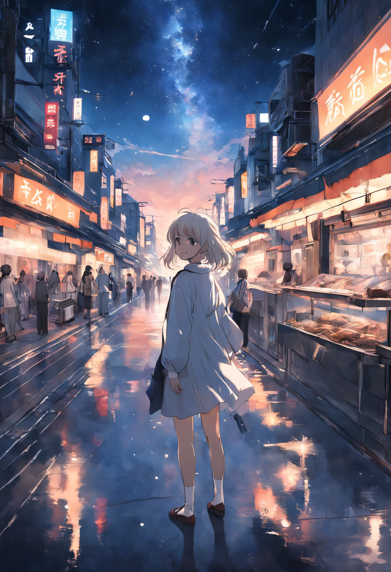 Woman smiling at me in the background of the city city、Denim on white t-shirt、Casket、Starry sky、2 days and months、Dreamy scenery、From a distance、Scenery Main、Building Street、near future、the wind、TOKYOcty、I don't have any luggage.、
