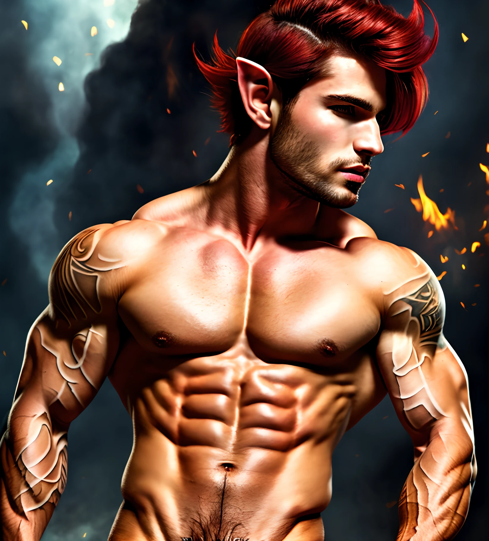 Red hair, Haired,man, handsome ,thin,wearing a suit, muscular,elf,fantasy, fire elf, art,magic, tattoos,, relaxed, , high resolution, no bad anatomy