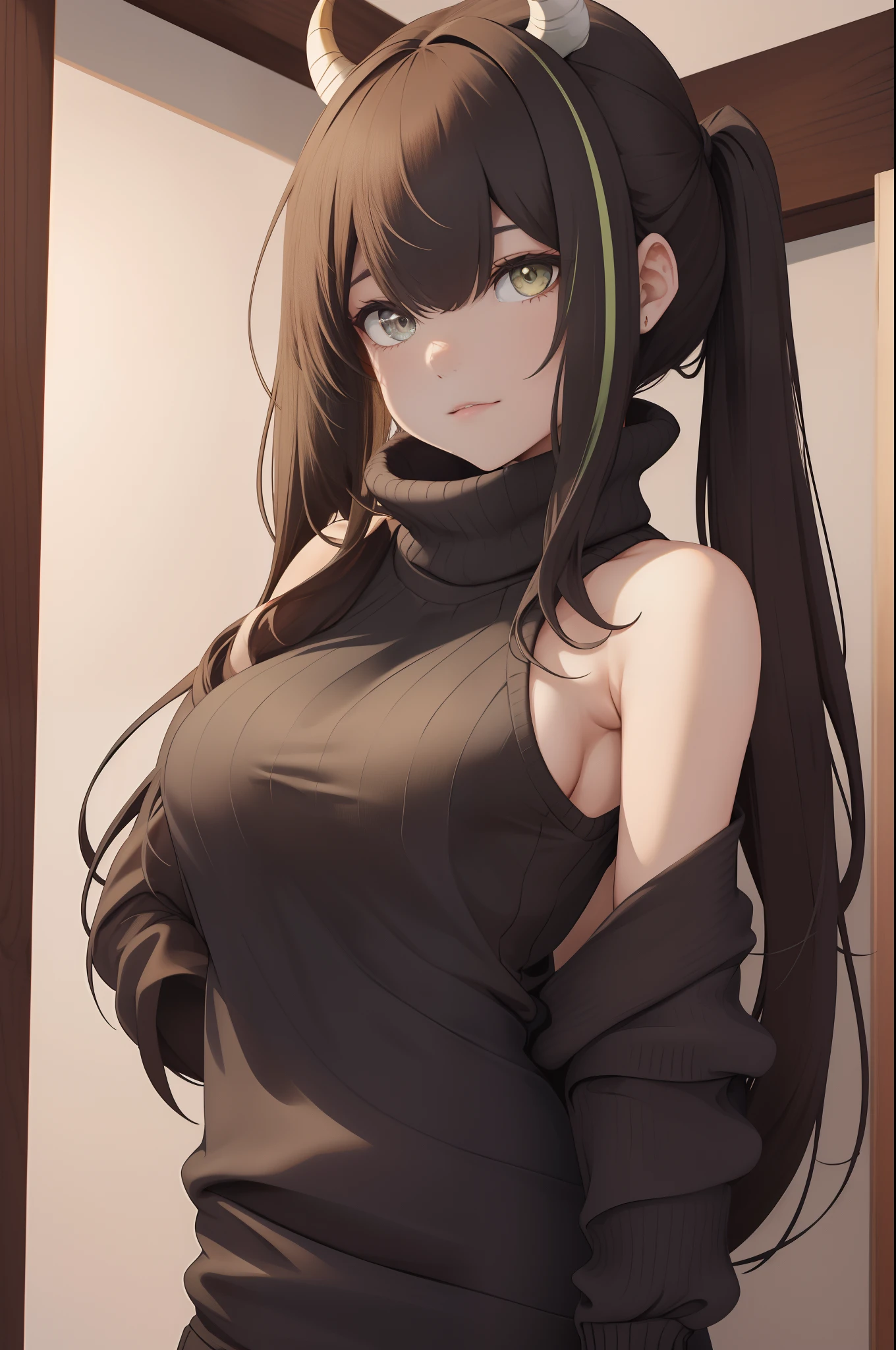 master part, best quality, high resolution,
1girl, sozinho, Cabelos Longos, virgin killer sweater, seios, atrai mesmo, pigtail, tail, Olhando para o Viewer, cabelos pretos com uma mecha verde, Olhos castanhos, cabelos muito longos, seios grandes, peito lateral, sweater, garota, vestir, bareshoulders, roupa sem costas, vestido de camisola, cabelo entre os olhos, dragon horns
1Girl, sozinho,