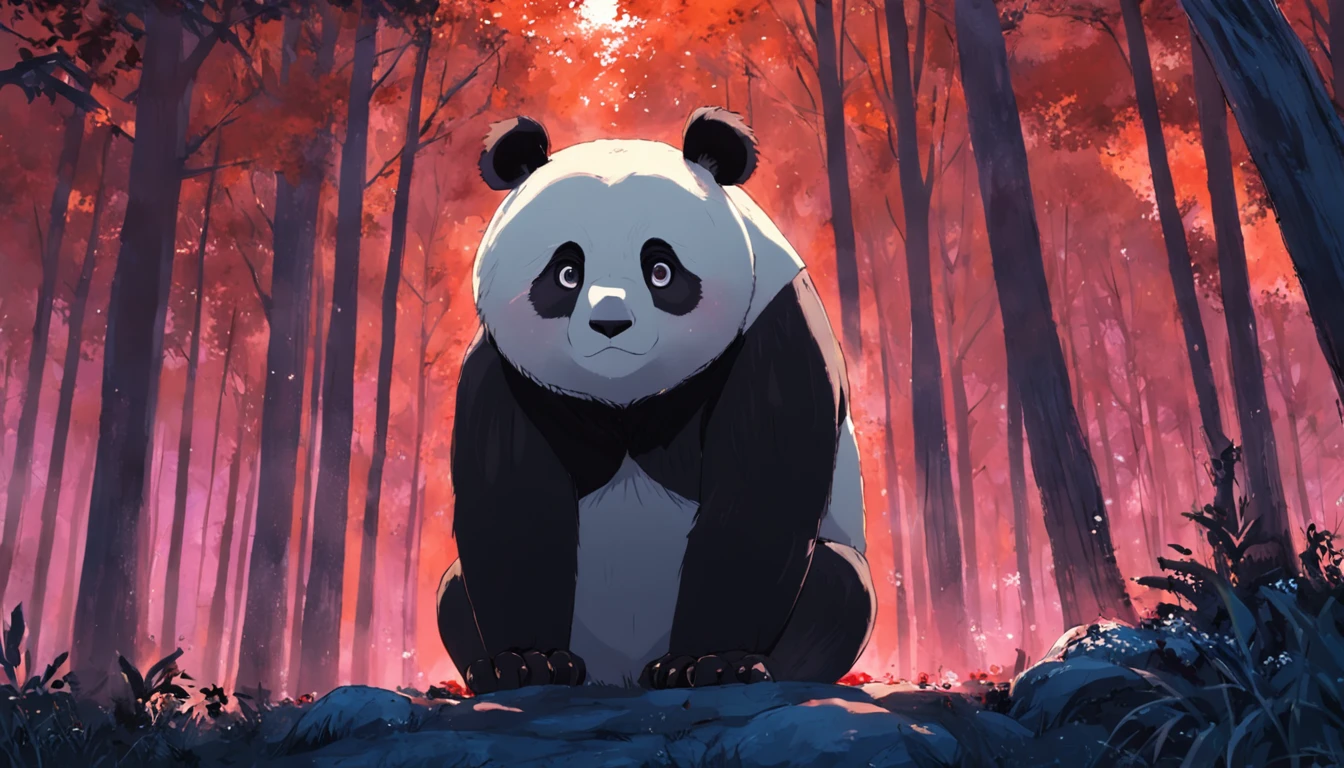 tmasterpiece，best qualityer，cinematic Film still from，1 panda，Close-up，The panda looks up at the forest，Winters