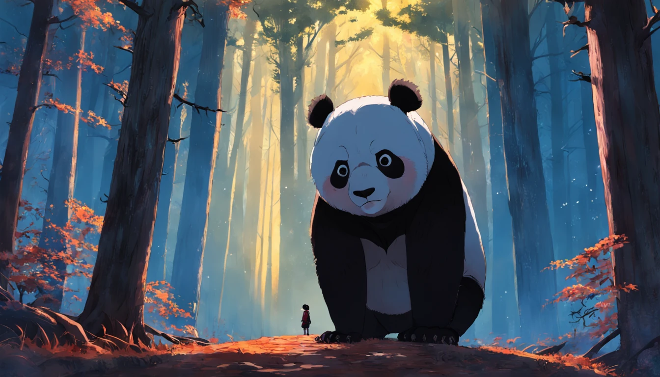 tmasterpiece,best qualityer,cinematic Film still from,1 panda,Close-up,The panda looks up at the forest,Winters