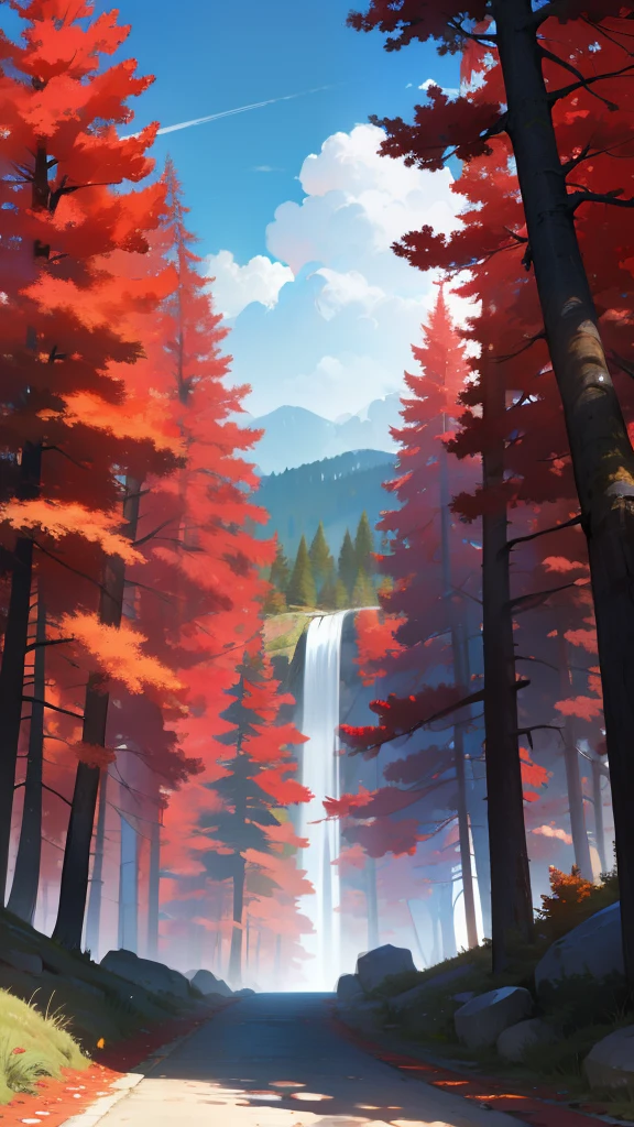 Red Forest, Extraordinary colorful landscape, stunning nature, beautiful iphone wallpaper, red trees, Stone path between tall trees, Beautiful waterfall in the forest niji during the day,with blue sky and white clouds,Far Mountain,