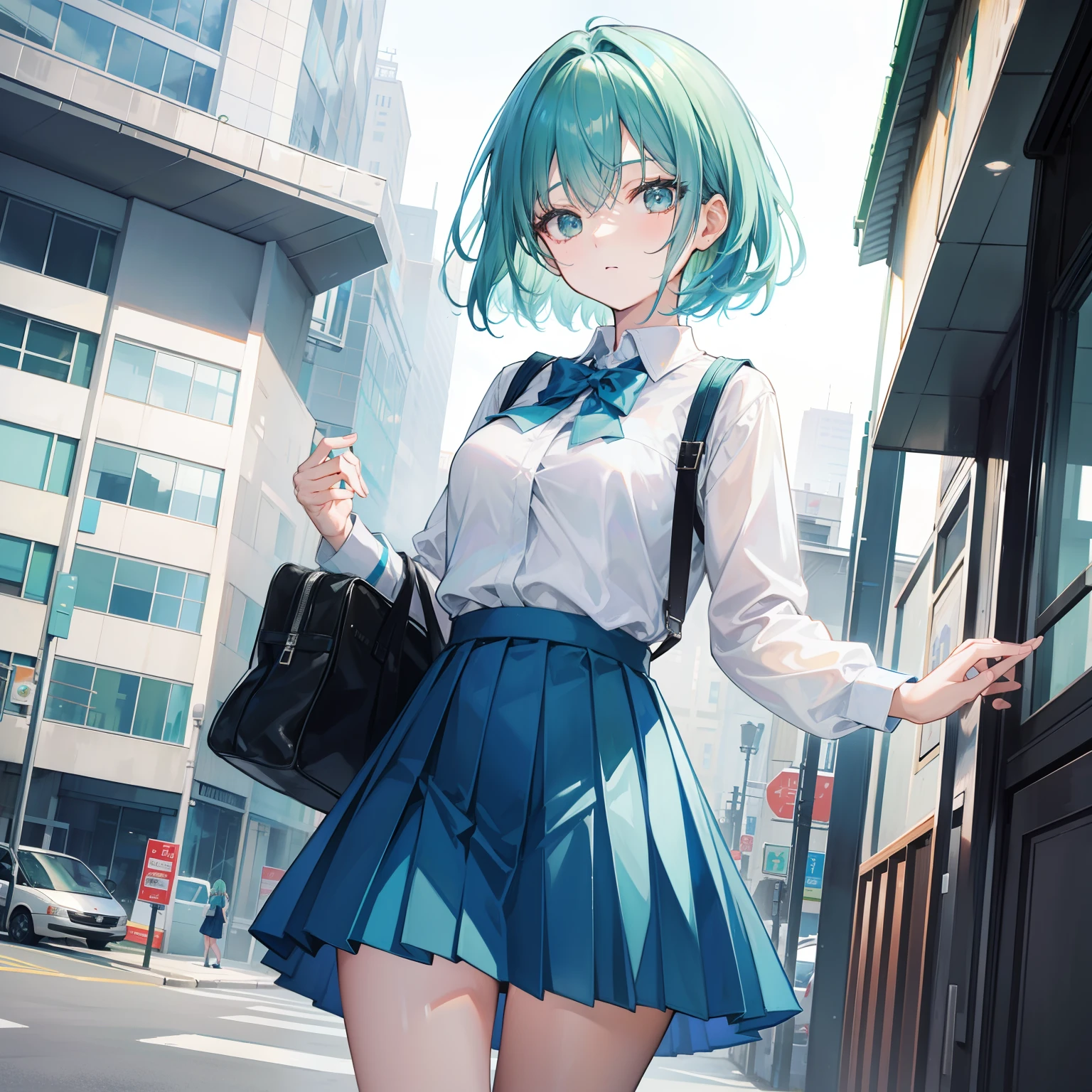 Short blue-green hair，The face is larger but shiny，Oversized student dress apricot pleated skirt，Moe
