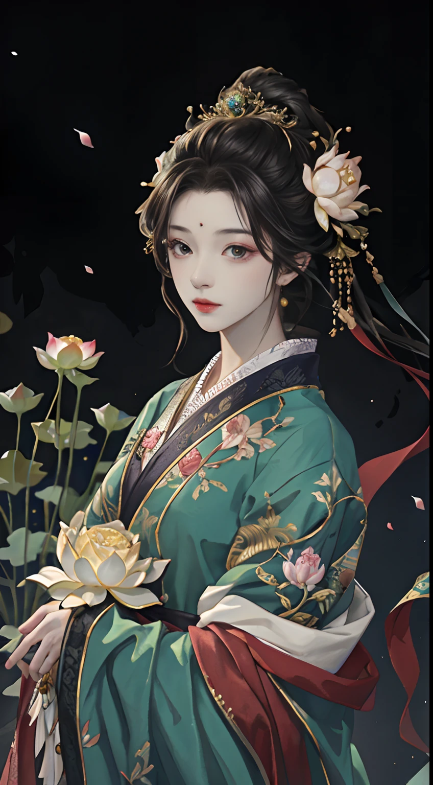 Original,(illustratio:1.1),(best qualtiy),(tmasterpiece:1.1),(the Extremely Detailed CG Unity 8K Wallpapers),(a color:1.2),1 Lotus God,goddes,Bust,ancient costume,best qualtiy,Extremely detailed jewelry,lotus petals,scenecy,rios|Wagas,