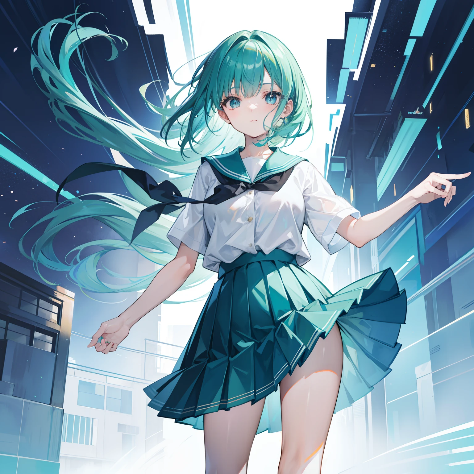 Short blue-green hair，The face is larger but shiny，Oversized student dress apricot pleated skirt，Moe