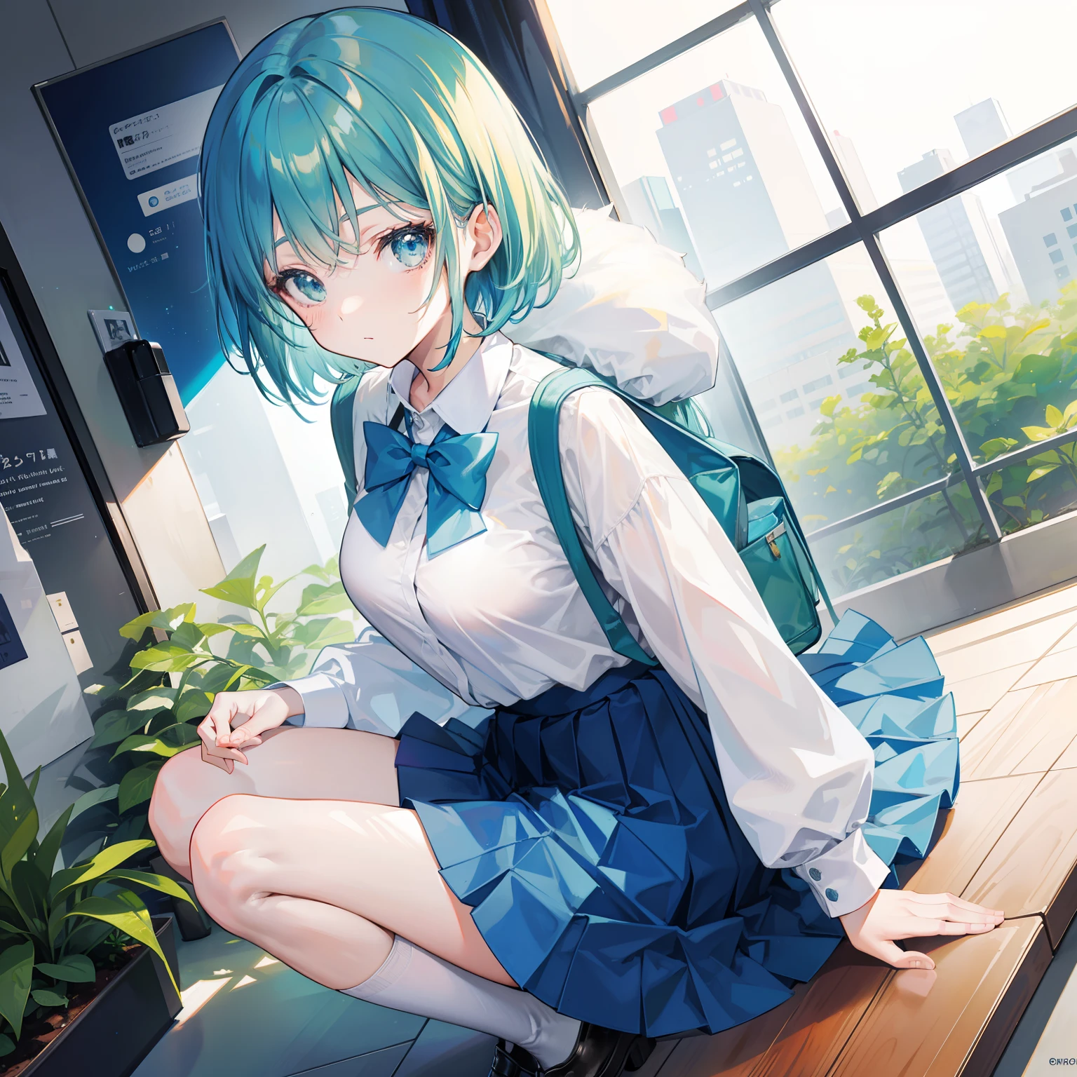 Short blue-green hair,The face is larger but shiny,Oversized student dress apricot pleated skirt,Moe
