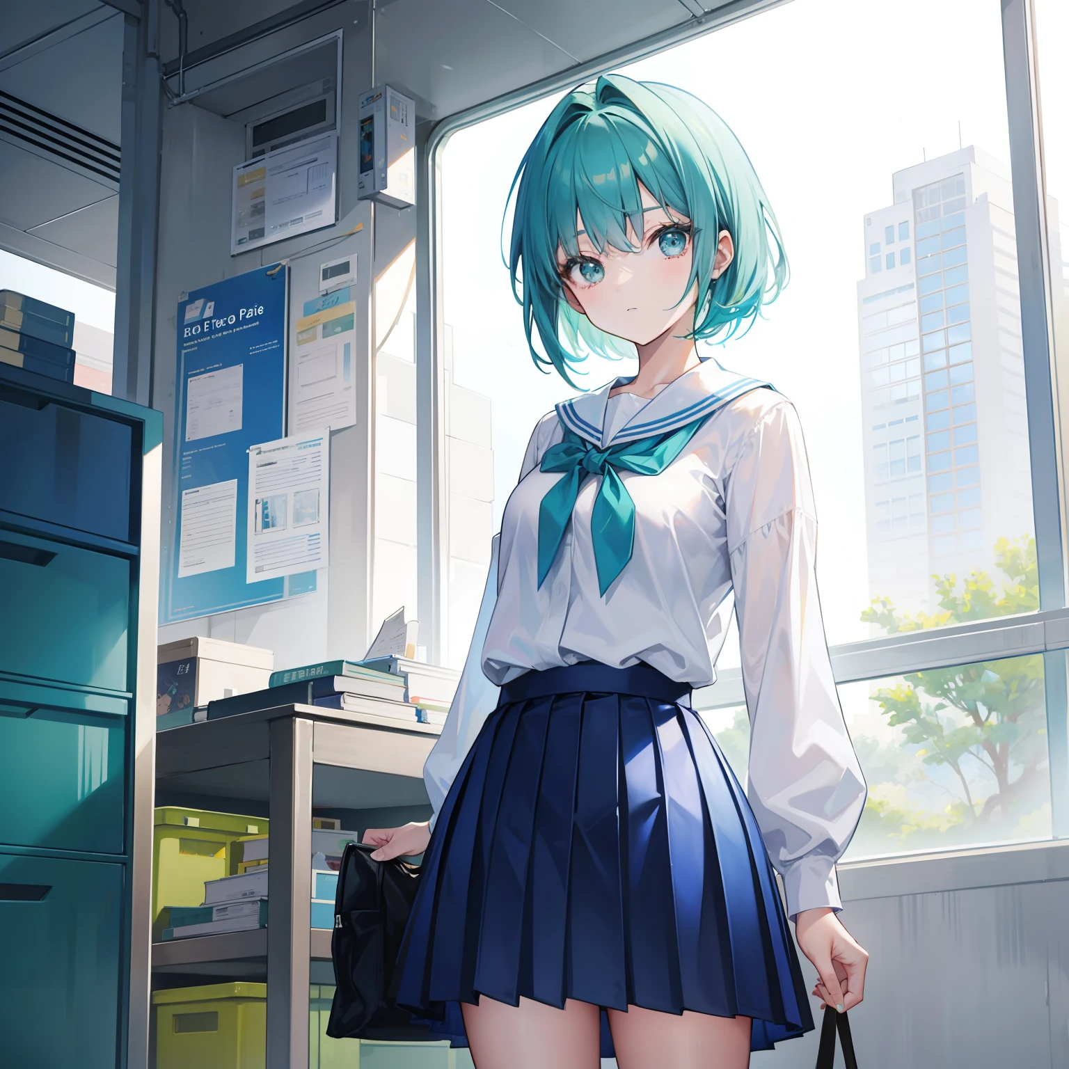 Short blue-green hair,The face is larger but shiny,Oversized student dress apricot pleated skirt,Moe