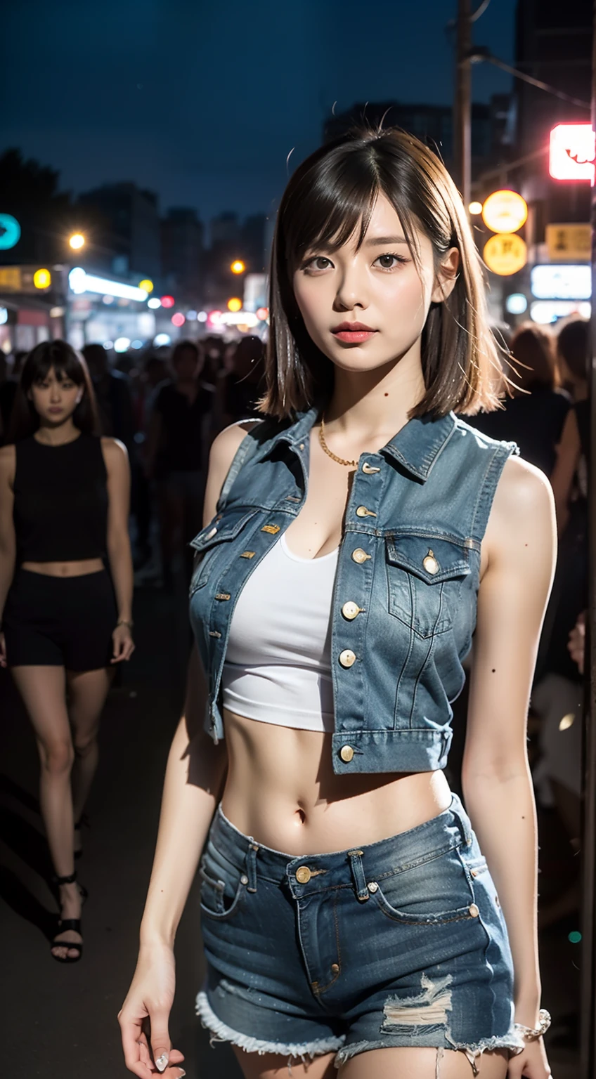 (8K分辨率,Photo above the thigh,Sideways photo of walking),(1womanl,20yr old,((Face with wide bones,s delicate face,详细的脸)),(Coiled hair,Elongated bangs),(Redlip,A smile shows a tiger tooth),Fair smooth skin,(Best Skin Type:1.21),gigantic cleavage breasts,(Gray sleeveless T-shirt,(Ultra-short to expose the navel),Tight denim shorts,((Vest line)),(Attractive thigh texture),bangle,busty figure,(The model does not look at the camera,Look ahead,Open legs,Walking on the road),perfect hand,Ultra-fine clothing material),(City night background,Deep view,Exquisite environmental details),(Professional lighting,动态照明),((The color is uniform,(white colors,brown pubic fur,black in color,red colour))),(Golden section,Cinema lenses,Thin lens stretching effect,Hasselblad photograp,tmasterpiece:1.3),(The object of fantasy,fashion art,trendsetting,Artis,Art platform)