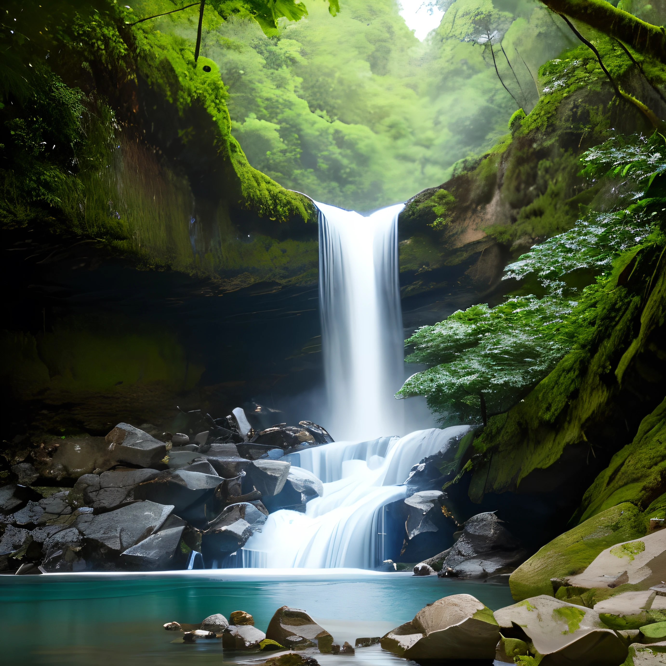"Realistic photograph of a large waterfall with abundant water gushing over the rocks amid a dense rainforest" --auto