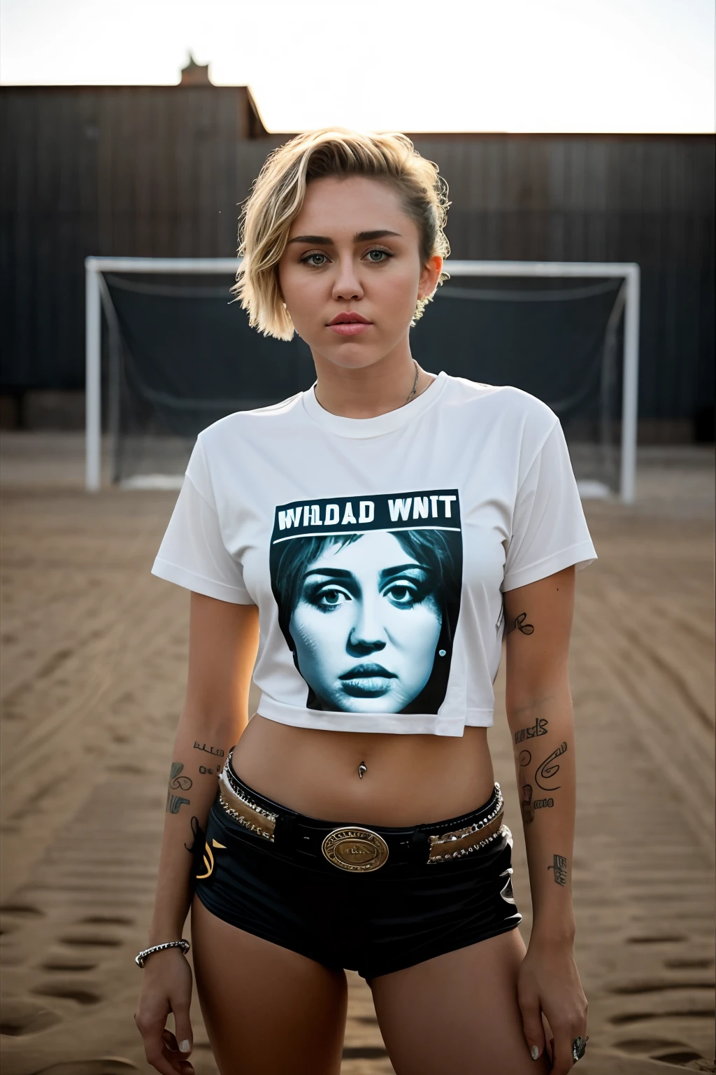 RAW photo, photo of beautiful Miley Cyrus from 2013, Miley Cyrus short hair 2013, wearing Just One Team T-Shirt chicago bulls With the number 23 and black panties, sexy face, hard shadows, It's a scene from Miley Cyrus' clip 23, She is on a empty basketball court, cinematic shot, dramatic lighting, tmospheric, (wild west:1.4), light flares, intricate details, enhanced lighting, tumbleweed, (full body:1.2), (sunset:1.3), hands on hips, pose, lens flare, dew drop, A scene from the movie", award winning photo, best quality, masterpiece, a portrait, emerald eyes, by Jeremy Lipking, by Antonio J. Manzanedo, by lee jeffries nikon d850 film stock photograph 4 kodak portra 400 camera f1.6 lens rich colors hyper realistic lifelike texture dramatic lighting unreal engine trending on artstation cinestill 800, fisheye lens,