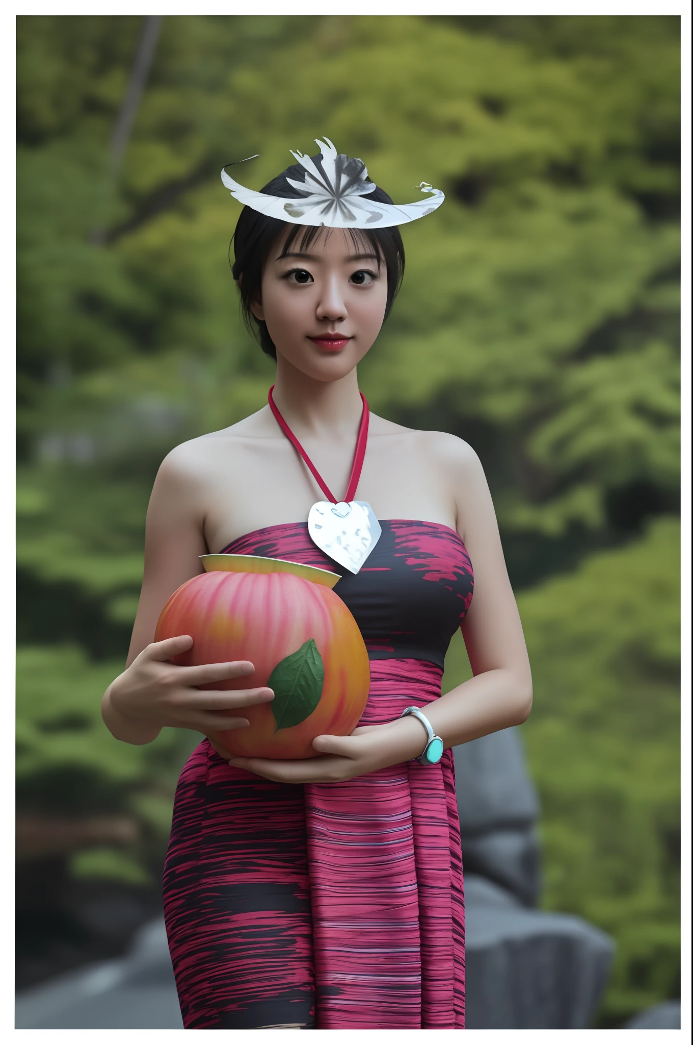 masterpiece、top-quality、realisitic、Photorealsitic、Watermelon-themed kingdom、Watermelon-themed castle、Princess in a watermelon-themed dress、A Japanese Lady、Watermelon Accessories、Watermelon Jewelry、Surrounded by a lot of watermelons、Soldier in armor with watermelon motif、Bright décor、A smile、dynamic ungle、动态照明