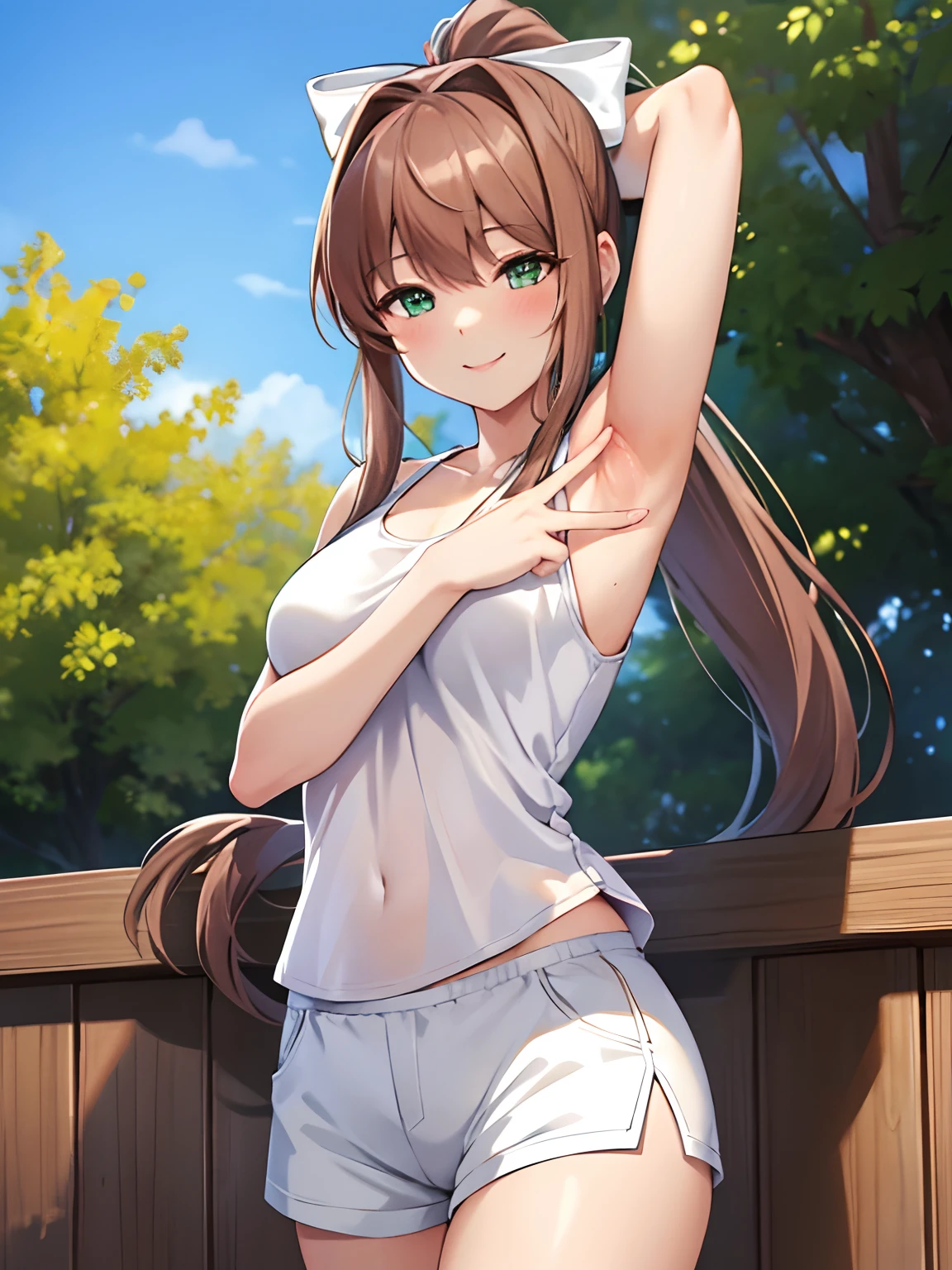 masterpiece, 4k, (best quality:1.2), (highly detailed:1.2), detailed shadows, monika, green eyes, brown hair, very long hair, ponytail, hair ribbon, white ribbon, wear white tanktop, shortpants, smile, blush, sunlight, day, outdoor, standing, spread armpit