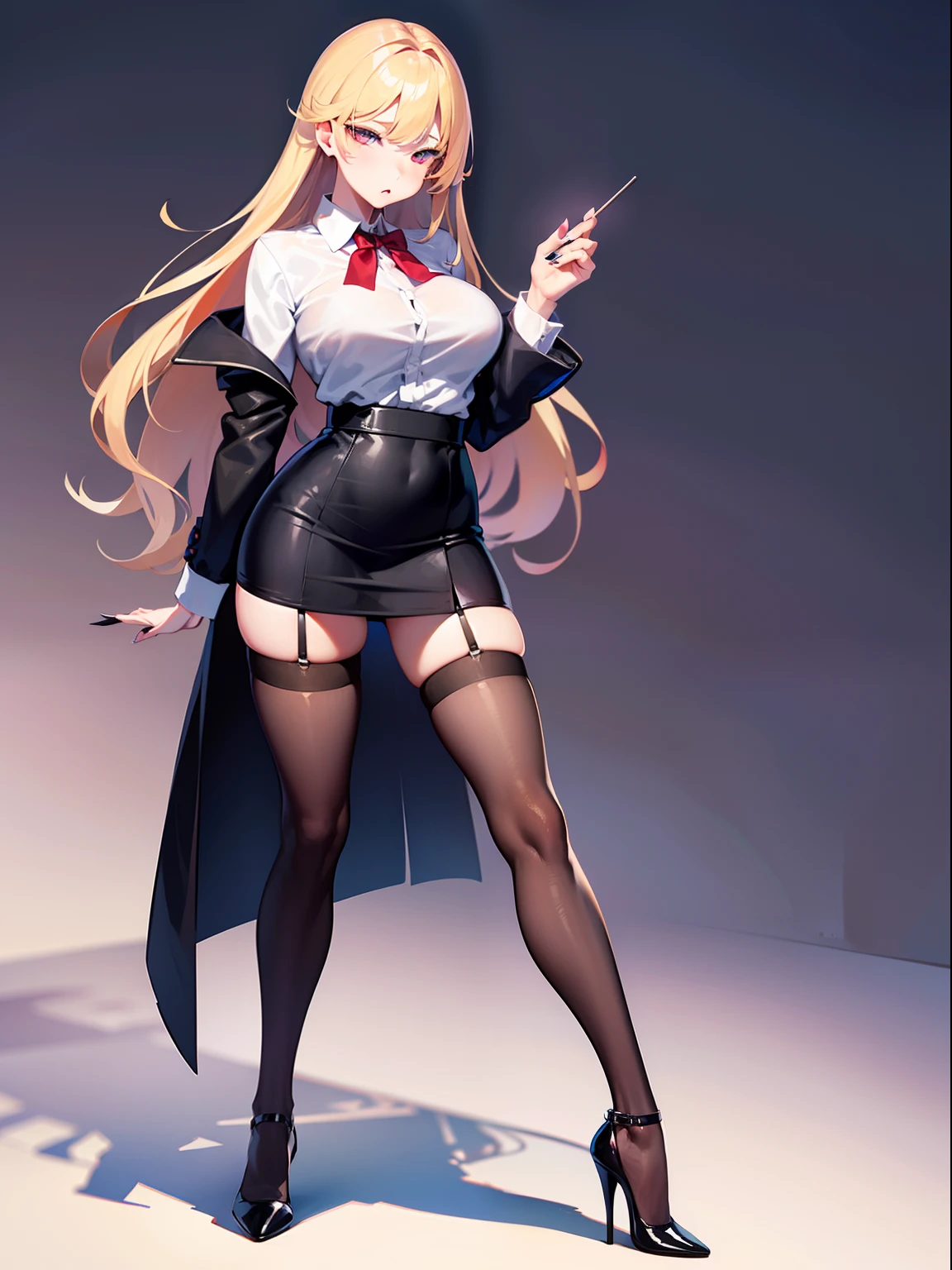 Full body photo of beautiful sexy secretary in a very short skirt and stockings with seams、stands_straight、(独奏))、Adults、high-heels、craving、a blond、Beautiful nails、M-shaped legs