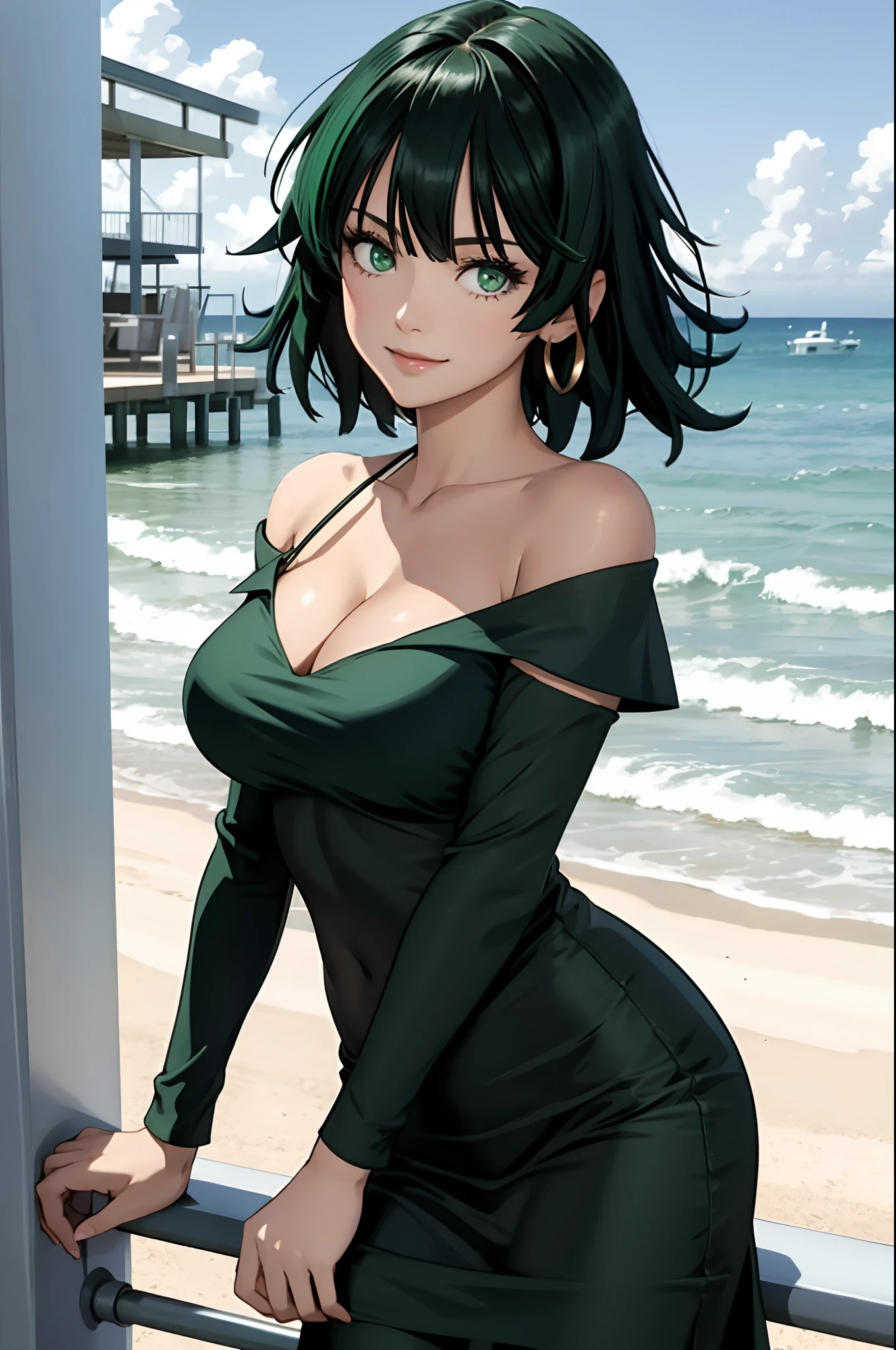 "one-girl，masterpiece level work，Best Picture Quality，Facing the camera，cleavage，ssmile，green skirt，Raised sexy，look straight at the camera，long whitr hair，perfect bodies，beachside，Green hair，Off-the-shoulder attire。Large breasts