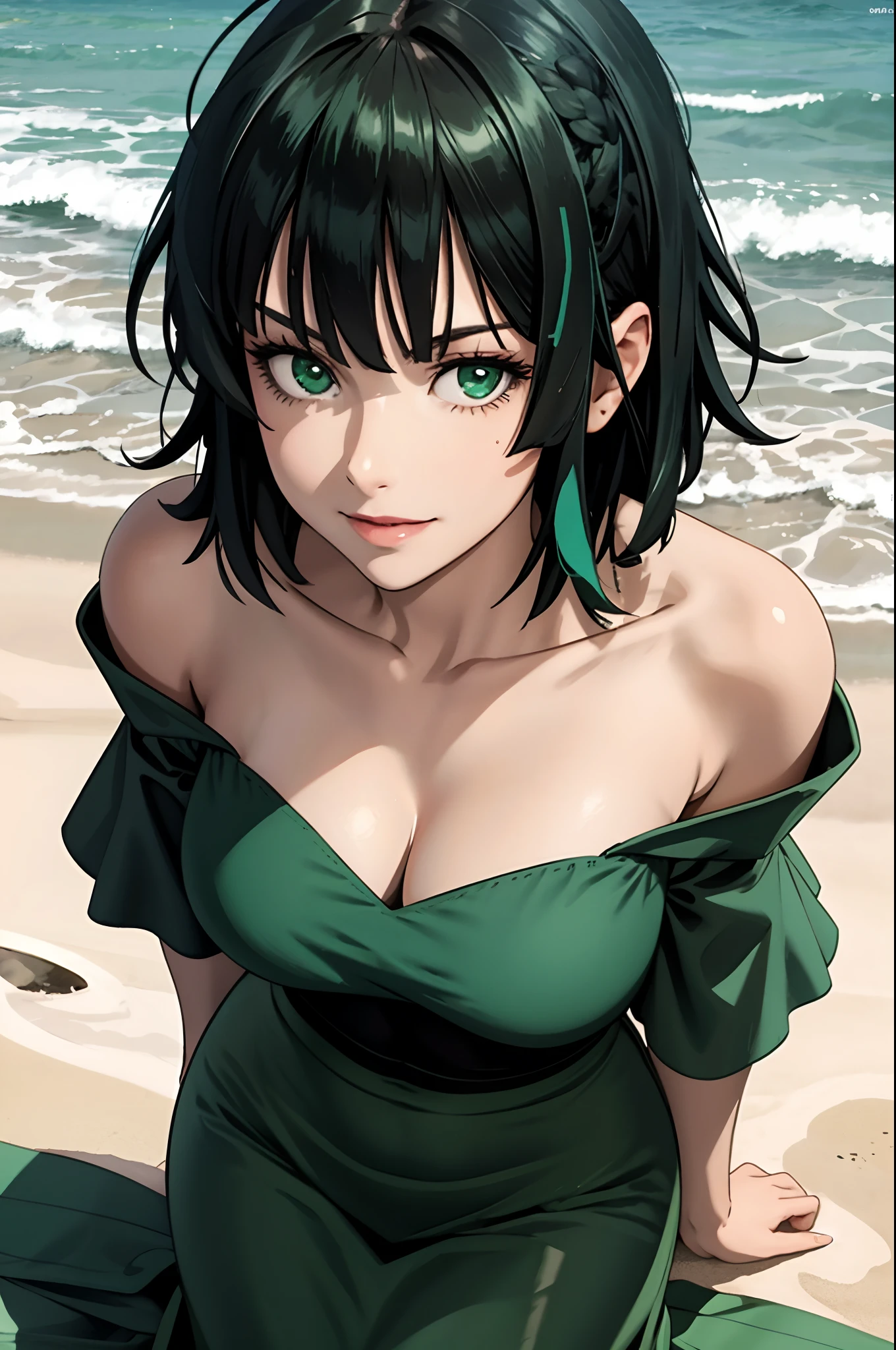 "one-girl，masterpiece level work，Best Picture Quality，Facing the camera，cleavage，ssmile，green skirt，Raised sexy，look straight at the camera，long whitr hair，perfect bodies，beachside，Green hair，Off-the-shoulder attire。Large breasts