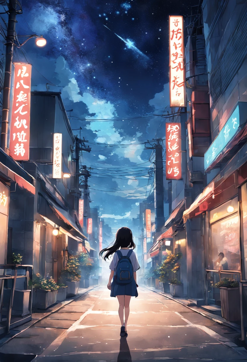 Walking towards the city、Woman turning around and smiling、A dark-haired、Denim on white t-shirt、Casket、Starry sky、2 days and months、Dreamy scenery、From a distance、Scenery Main、Building Street、near future、the wind、TOKYOcty、I don't have anything