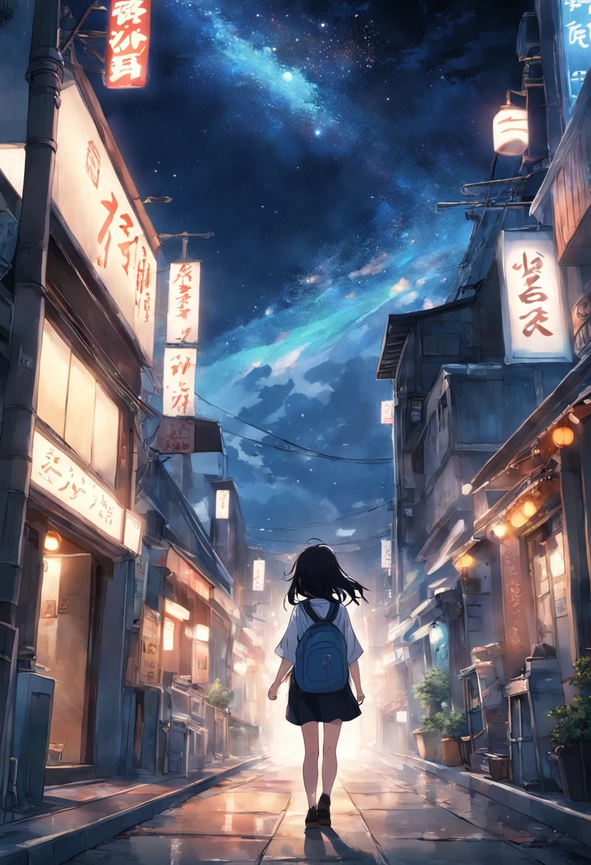 Walking towards the city、Woman turning around and smiling、A dark-haired、Denim on white t-shirt、Casket、Starry sky、2 days and months、Dreamy scenery、From a distance、Scenery Main、Building Street、near future、the wind、TOKYOcty、I don't have anything