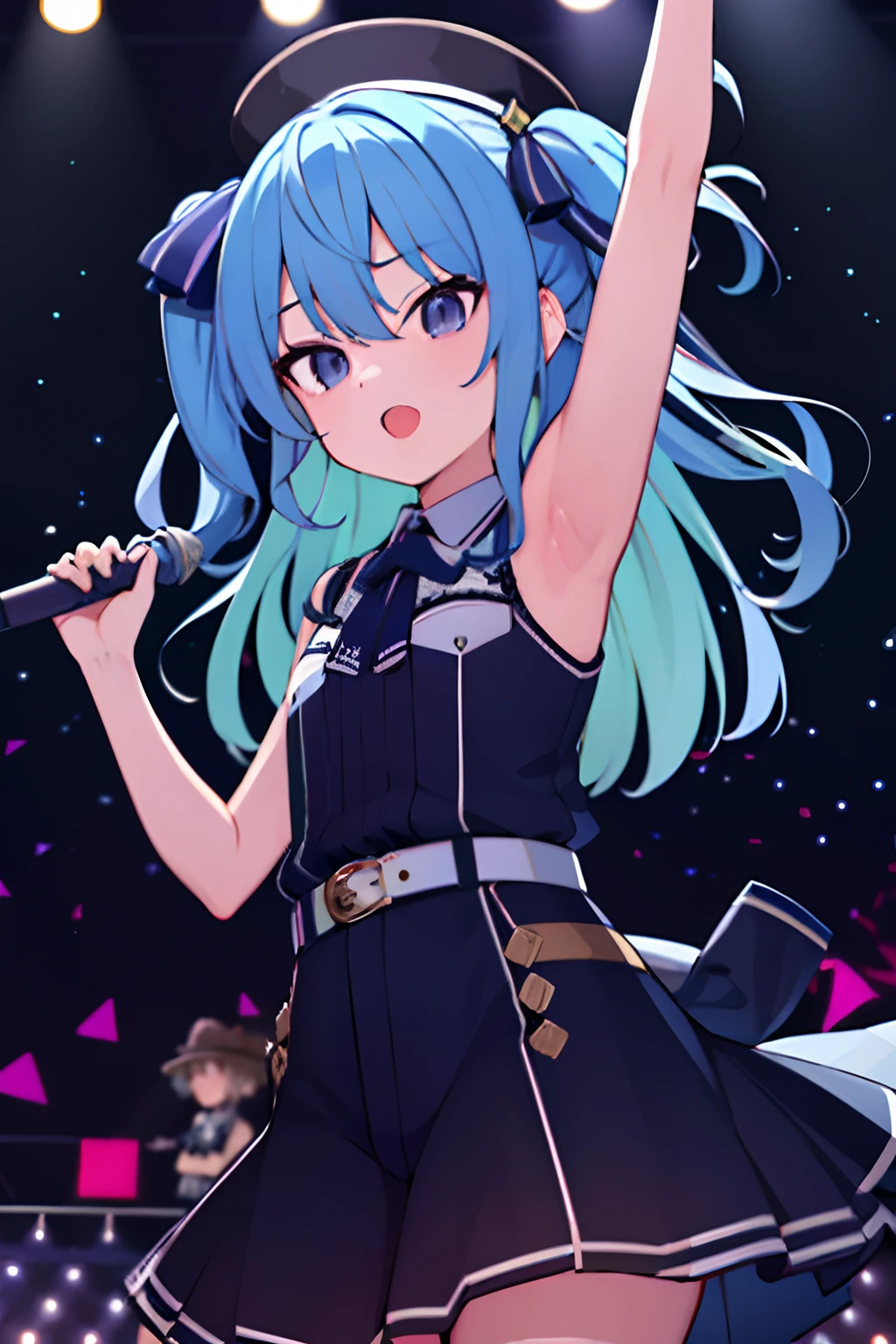 sui2, 1girl, one side up, hoshimachi suisei, presenting armpit, stage, cowboy shot