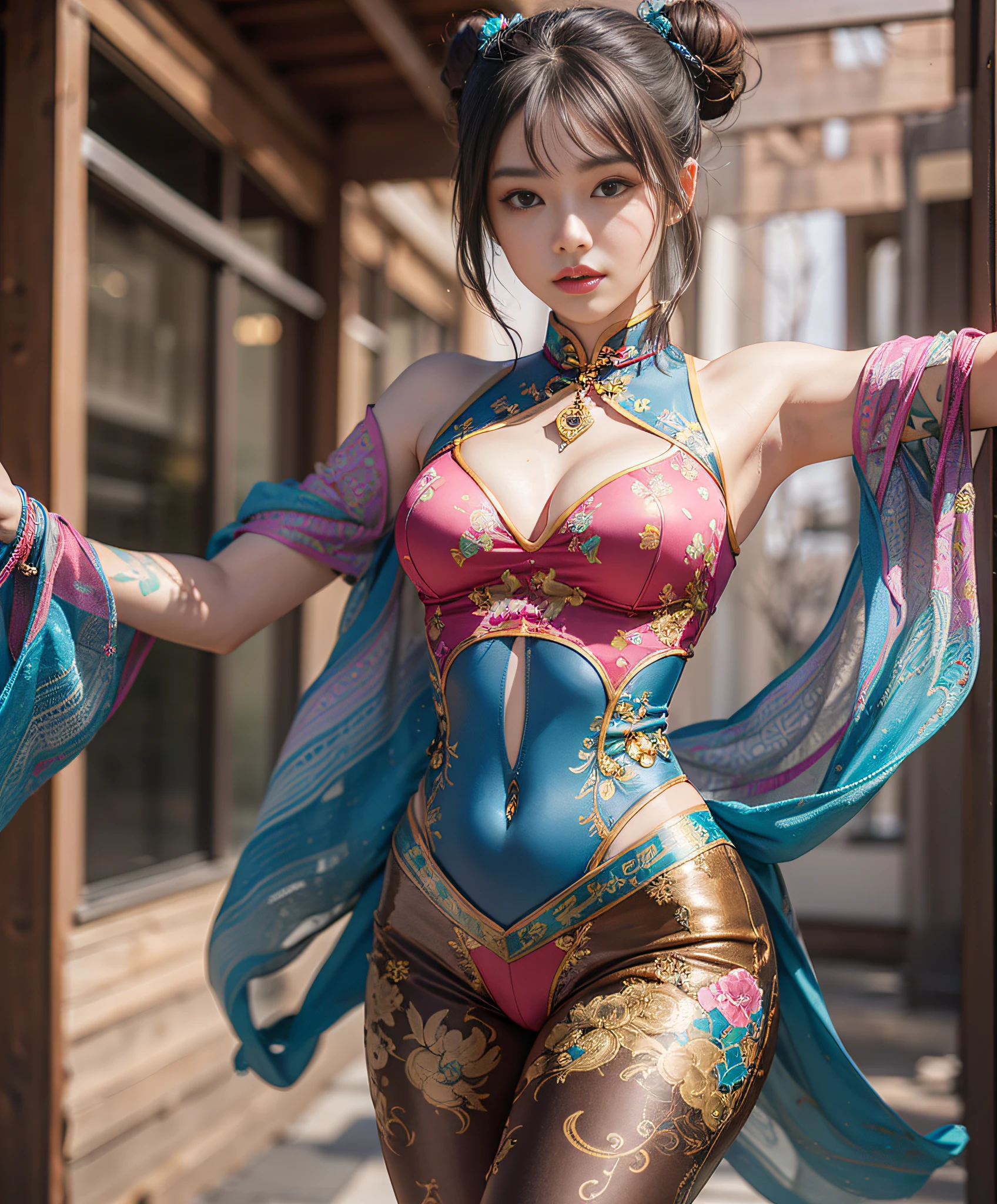 Woman in her 20s, Chunlim, (Perfect face), Defined jawline, Beautiful brown eyes, Beautiful lips, (short brown hair, Hair bun, Double bun), (Perfect hands), (Pink cheongsam Fetham), Tight blue track pants, Spiky bracelet, (Vertical split pose), Looking at Viewer, (Medium Full Shot Photo), Realistic, Sexy possessions、(((Richly decorated with costumes)))、Kick Open Pose、Farbe々Variation Pose、Navel Ejection、Chinese landscape background,cleavage of the breast