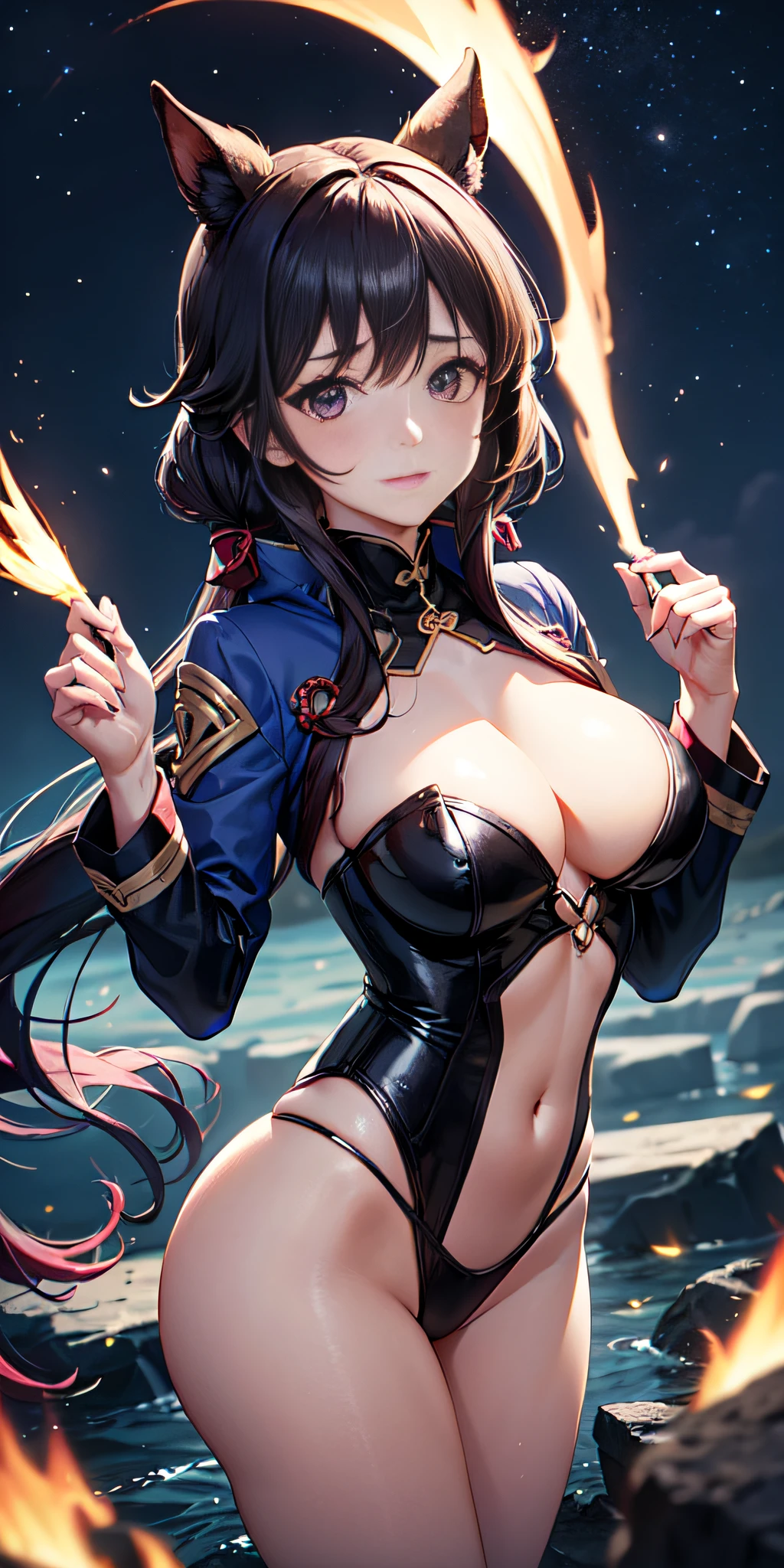 18yr old, only 1 girl, Chica anime: (Ropa japonesa, face symmetrical, Cola de caballo ,cana, purple eyes, Personalidad: seductora profesional), Magical Circle, fuego azul, llamas azules, papel tapiz, paisaje, sangre, salpicaduras de sangre, profundidad de campo, noche, light particles, rayos de luz, sidelit, muslos, destino \(serie\), Impacto de Genshin, chaqueta abierta, falda, muslos altos, nube, Image captured with the Canon EOS 50mm professional camera
