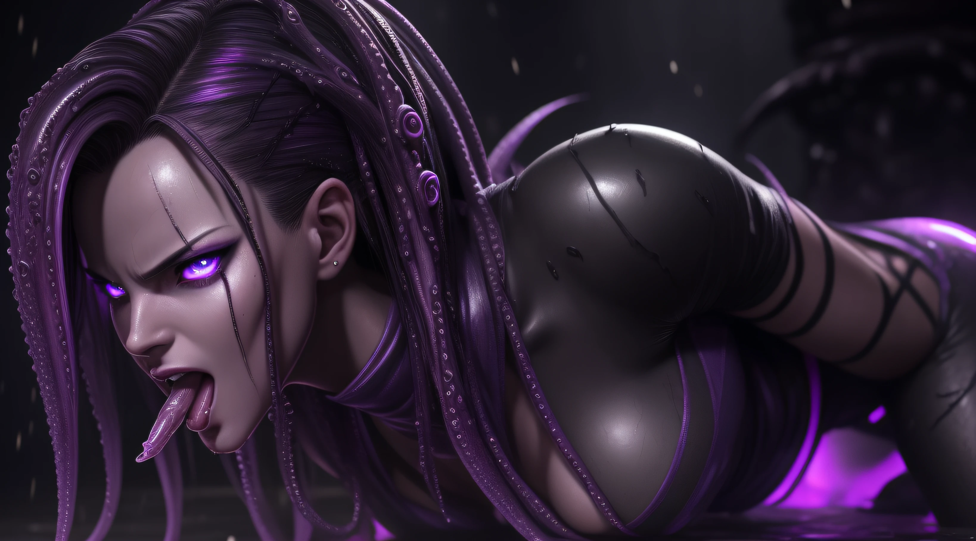sexy android 18, Glow, seductive, glowing purple eyes , sexy , (ultra photorealistic:1.3), (masterpiece:1.4), best quality, ((realistic)), high quality, ultra detailed, ((real image)), ((realistic skin)), ((realistic face)),(illustration:1.05), (beautiful:1.05), (beautiful detailed eyes:1.05), (cinematic light:1.1), Extremely realistic , evil , wet ,corrupted , black veins ,parasites , dark energy , swarm, hive , grin , sadistic, wet ,lesbian, kissing with tongue , foreplay , sex , rape , tentacles