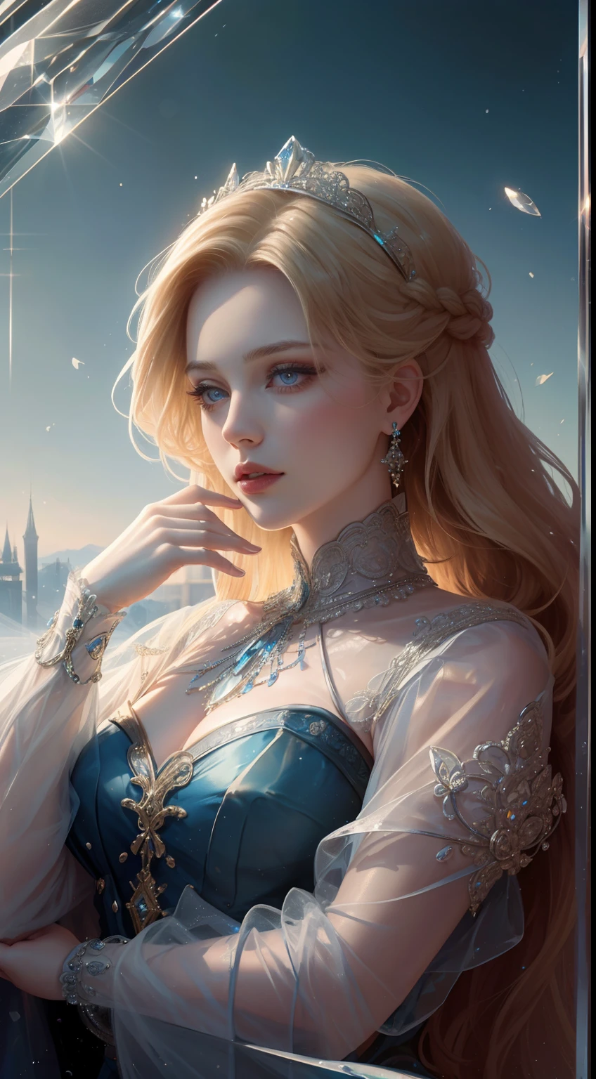 tmasterpiece，Highest high resolution，Dynamic bust of a beautiful royal maiden，Delicate blonde braided hair，Blue clear eyes，The hair is covered with beautiful and delicate floral craftsmanship, Crystal jewelry filigree，Ultra-detailed details，upscaled。Beauty effect