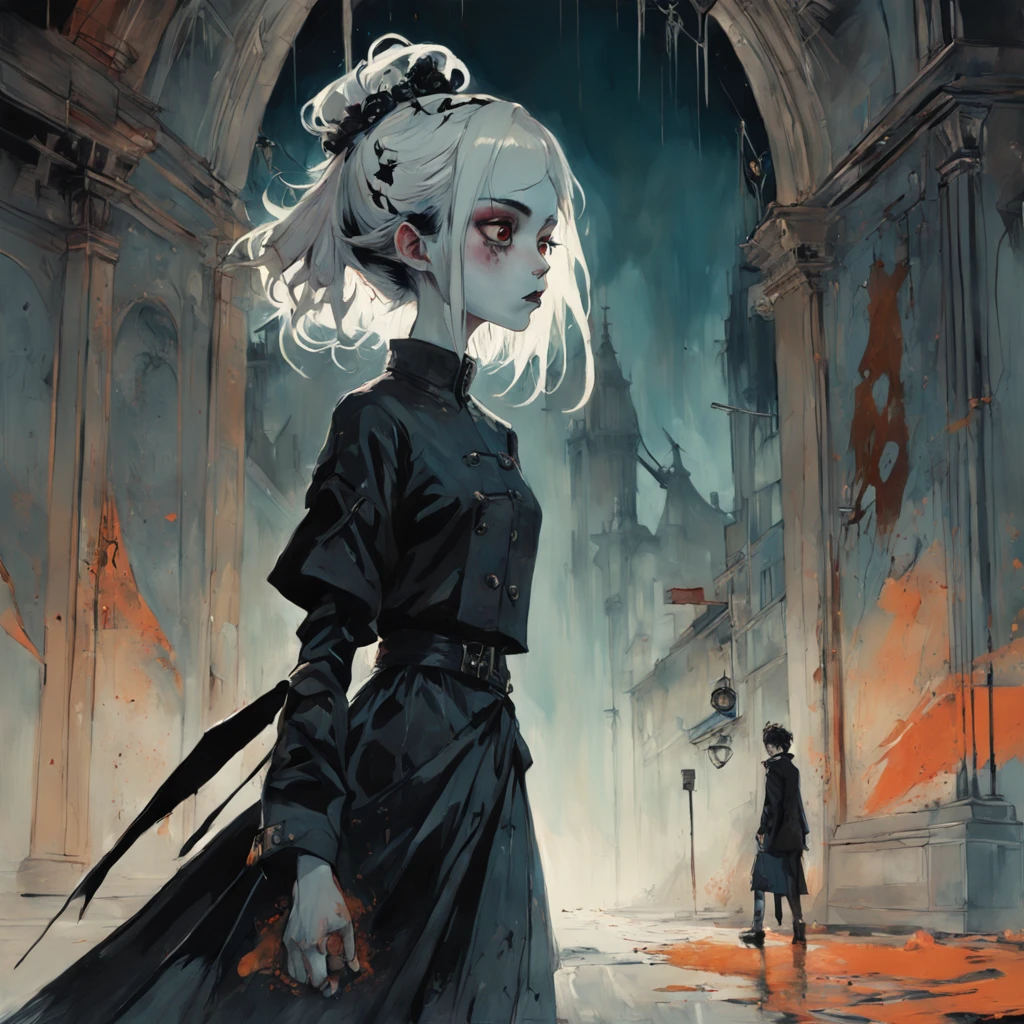 medium shot, Goth_punk, 1girl, solo, walking in citadel, profile, Gothic. In the style of Adrian Ghenie, Esao Andrews, Jenny Saville, Edward Hopper, surrealism, Dark Art par James Jean, Takato Yamamoto, Minimalisme inkpunk. Dans le style de Tim Burton. Dans le style de Corpse Bride.