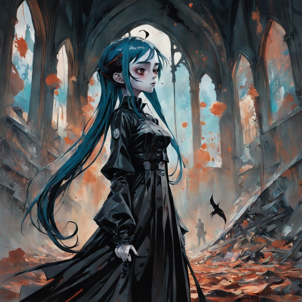 medium shot, Goth_punk, 1girl, solo, walking in citadel, profile, Gothic. In the style of Adrian Ghenie, Esao Andrews, Jenny Saville, Edward Hopper, surrealism, Dark Art par James Jean, Takato Yamamoto, Minimalisme inkpunk. Dans le style de Tim Burton. Dans le style de Corpse Bride.