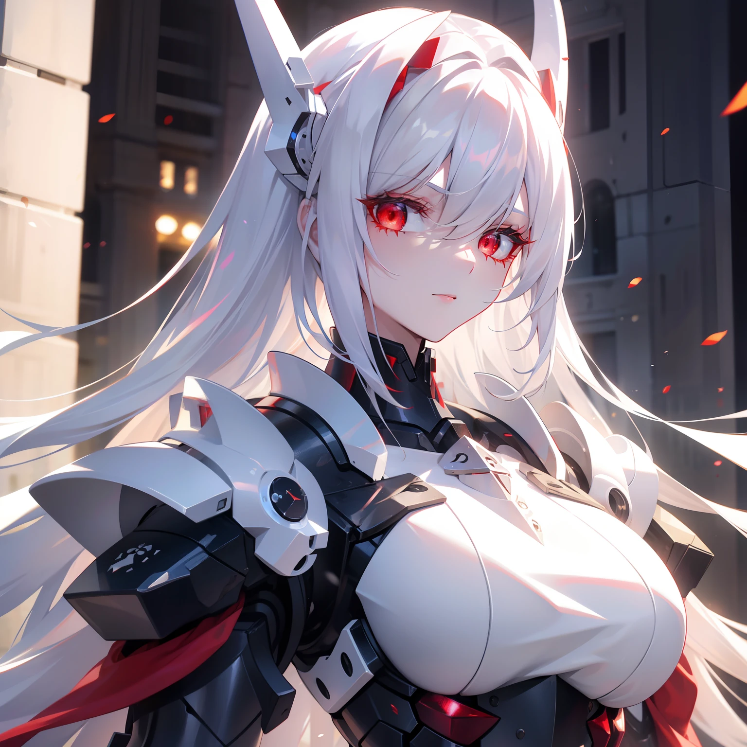 Silver long hair、Red eyes、woman、美しいwoman、Large Breasts、White Machine Skin、The whole body of the machine、Mechanical joint、The machine&#39;s body is entirely red and white.、sword、A revealing red and white Chinese dress、A Chinese dress that shows off her cleavage、chinese style background、indoor、During sexual intercourse、On the bed、orgasm、Ahegao