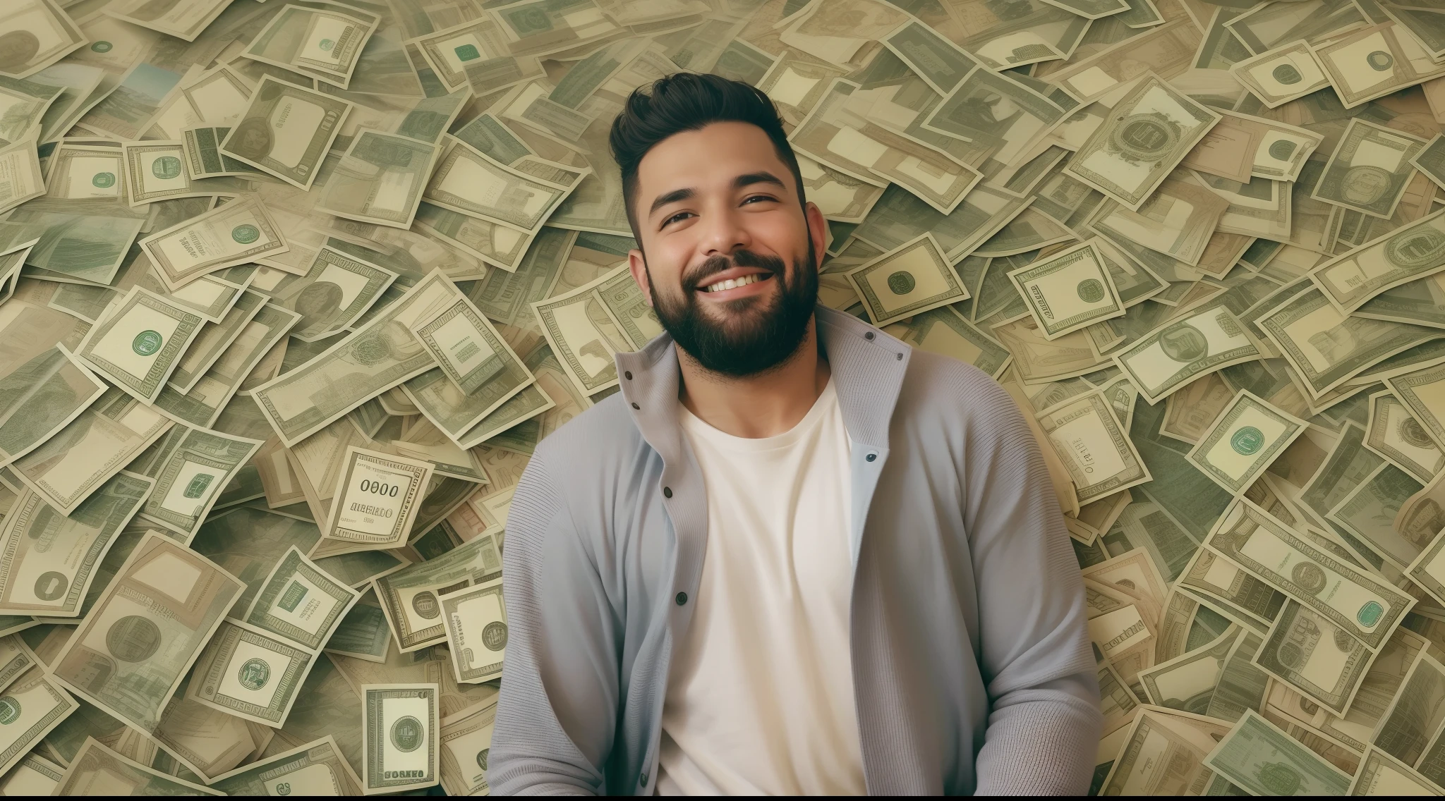 Foto extremamente detalhada realista de um lindo e jovem homem de 36 anos brasileiro gordinho barbudo sorridente em um lindo terno, surrounded by a flood of dollar bills, carros de luxo, notas de real, joias caras, epic composition, las vegas, 4k, 8k, 16k
