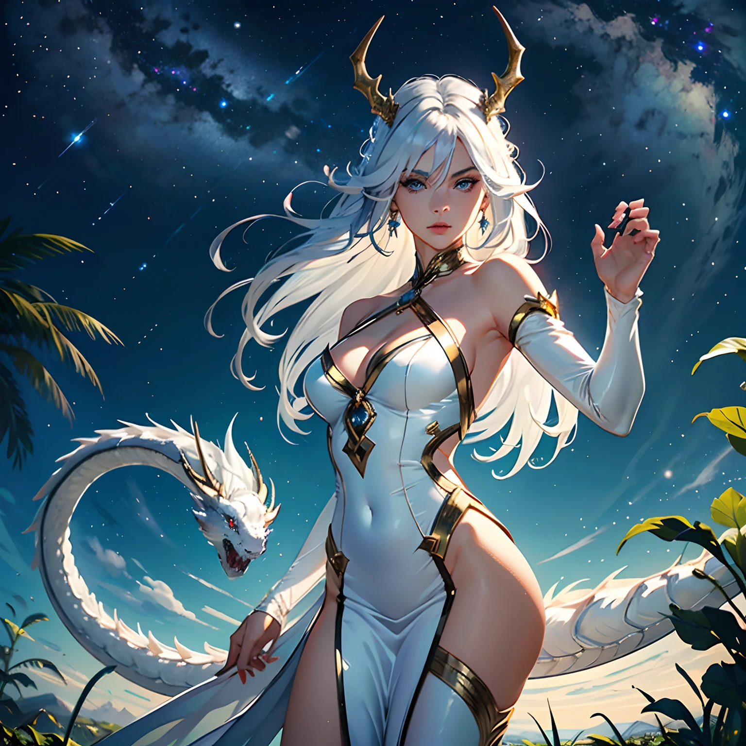 Masterpiece, high quality, dragon white queen, powerful woman perspective, dynamic pose, elegant silver dress, elegant. A lot of hair, very long vawy hair, white hair, whitedragon horns, long elves ears,she have a white dragon tail, blue eyes, stars goddess, mature woman, peaceful bacground, realistic, catwalg, gardensitting