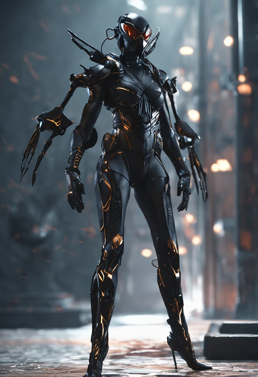 Futuristic black scorpion set, woman, There's something futuristic on it, Full body and face, trending on artstationh, Highly detailed, by WLOP, Sharp focus, studio photo, Intricate details, Beautiful lighting