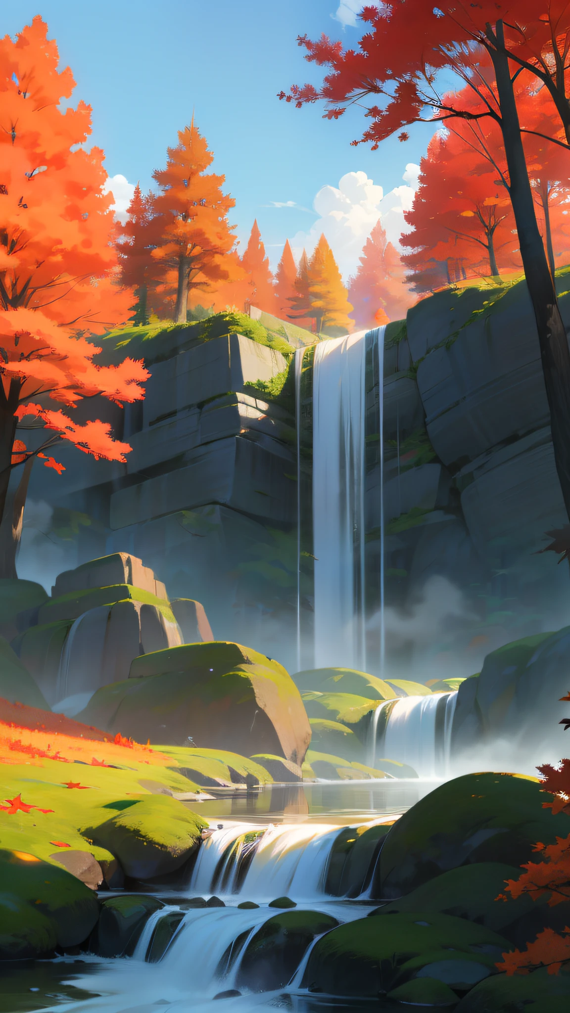 Red Forest, Extraordinary colorful landscape, stunning nature, beautiful iphone wallpaper, red trees, Stone path between tall trees, Beautiful waterfalls in the forest during the day,niji,During the day,with blue sky and white clouds,Far Mountain,maple leaves