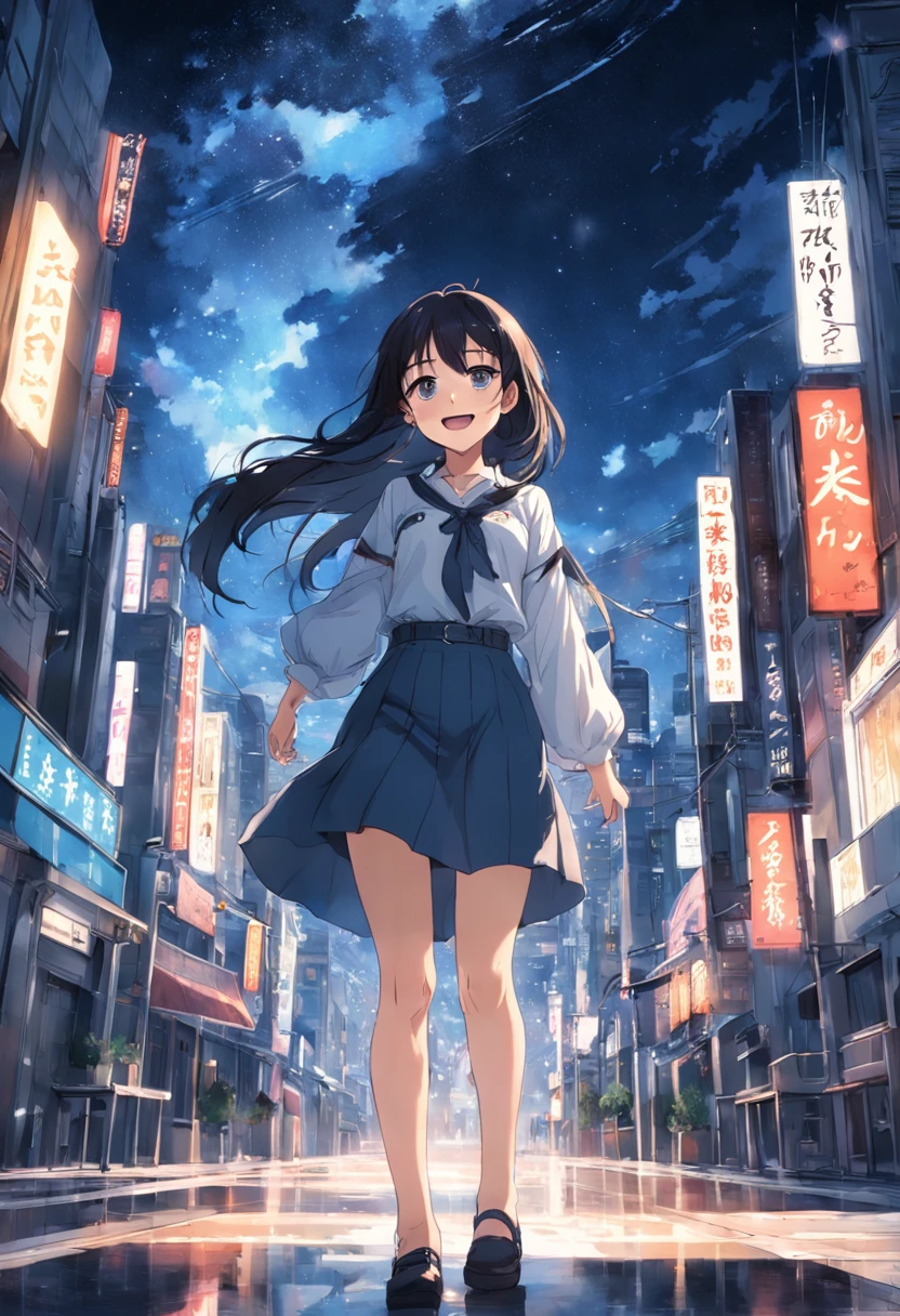 Woman smiling at me on urban background、A dark-haired、Denim on white shirt、Casket、Starry sky、2 days and months、Dreamy scenery、From a distance、Scenery Main、Building Street、near future、the wind、TOKYOcty、I don't have anything、high-heels